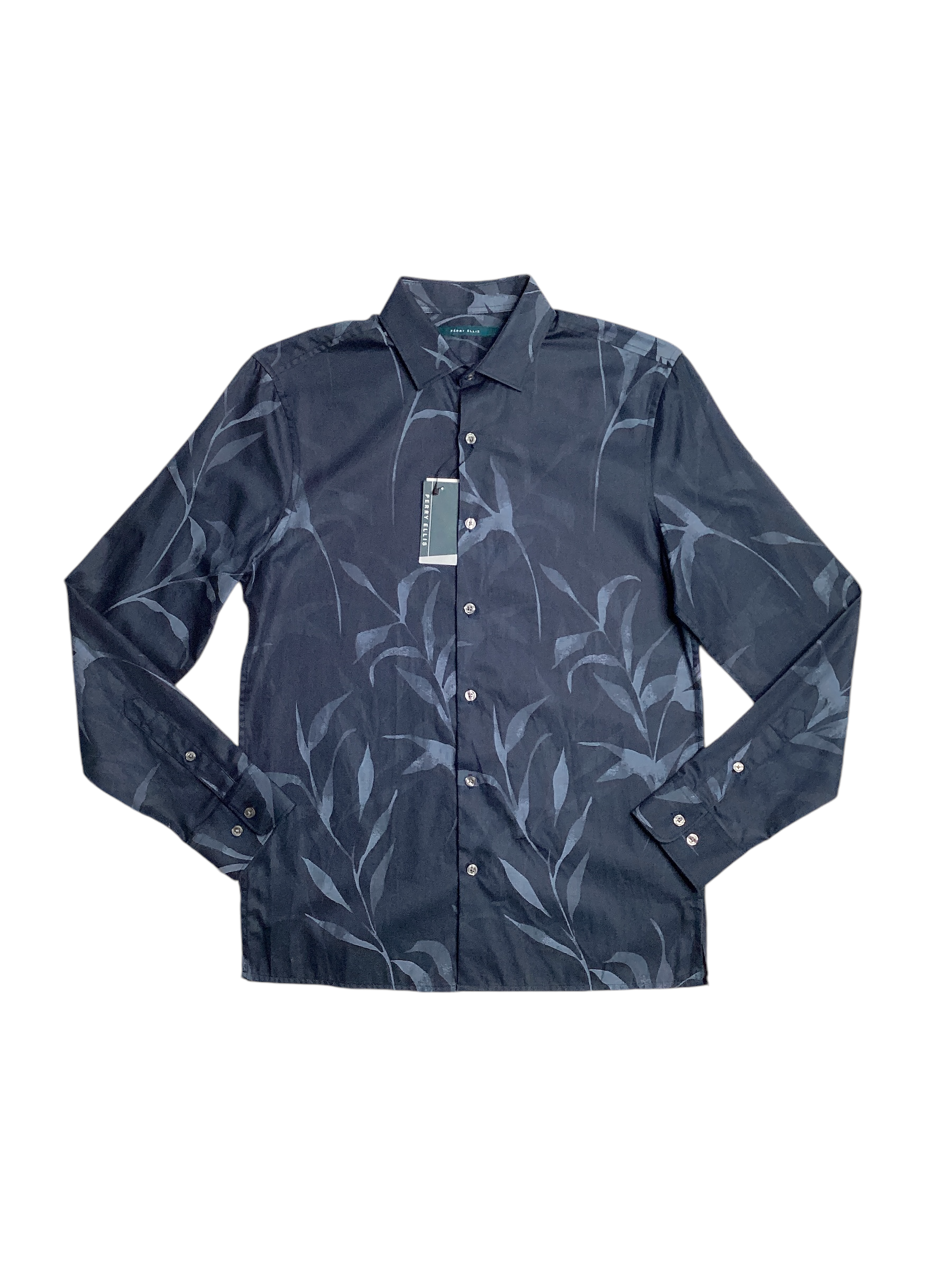 Perry Ellis Mens Button Down Floral Shirt  Dark Blue Large