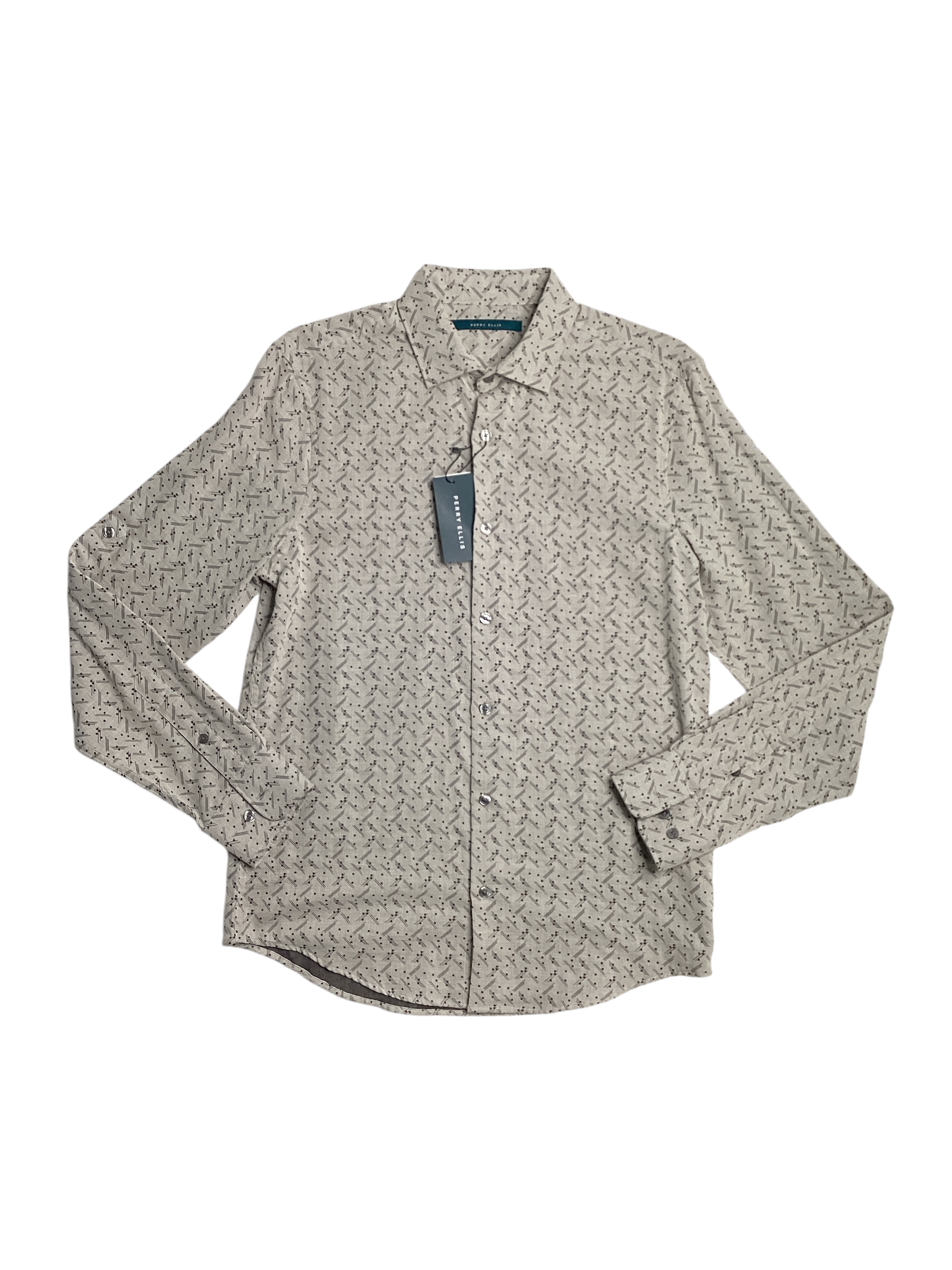 Perry Ellis Mens Geo Print Double Face Button Down Shirt Almond Milk Beige Small