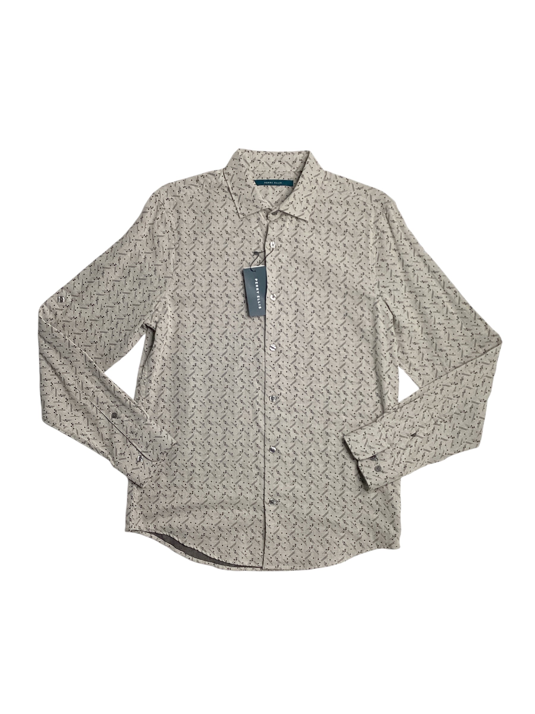 Perry Ellis Mens Geo Print Double Face Button Down Shirt Almond Beige Xl