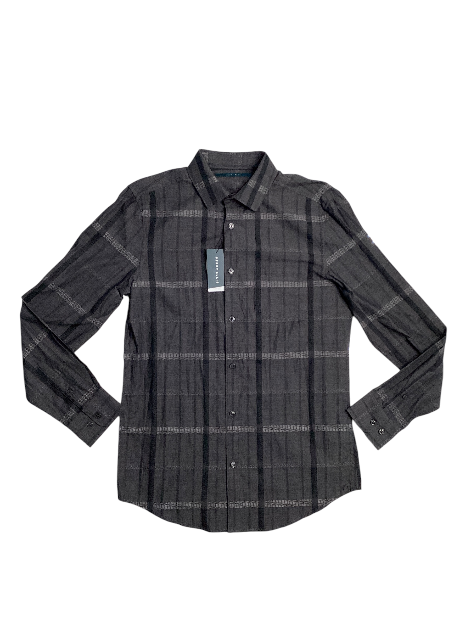 Perry Ellis Mens Cotton Tonal Jacquard Plaid Button Down Shirt  Black 2XL
