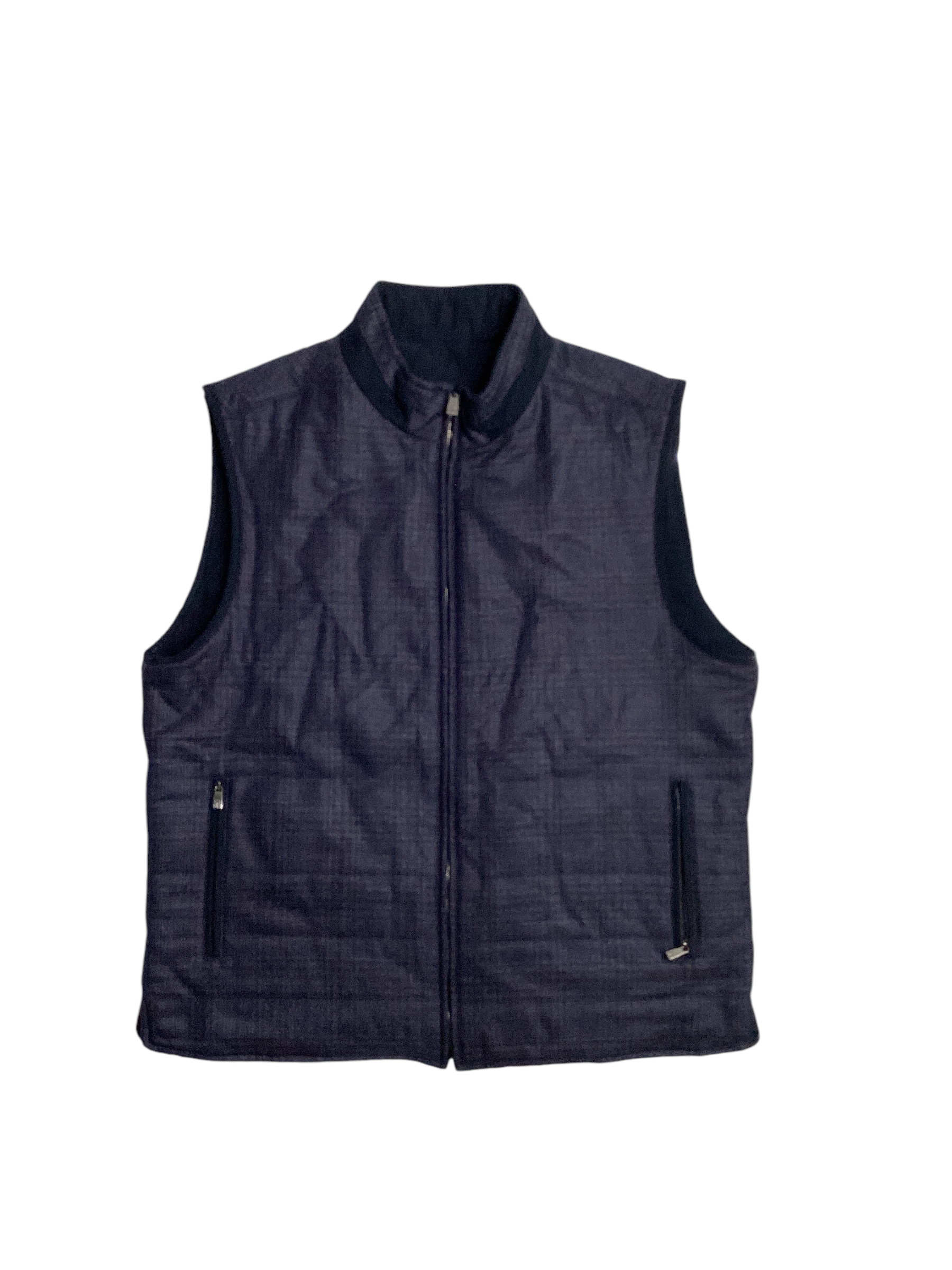 Corneliani Mens Navy Tonal Check Zip Front Wool Vest EU 56R US 46R Navy Blue