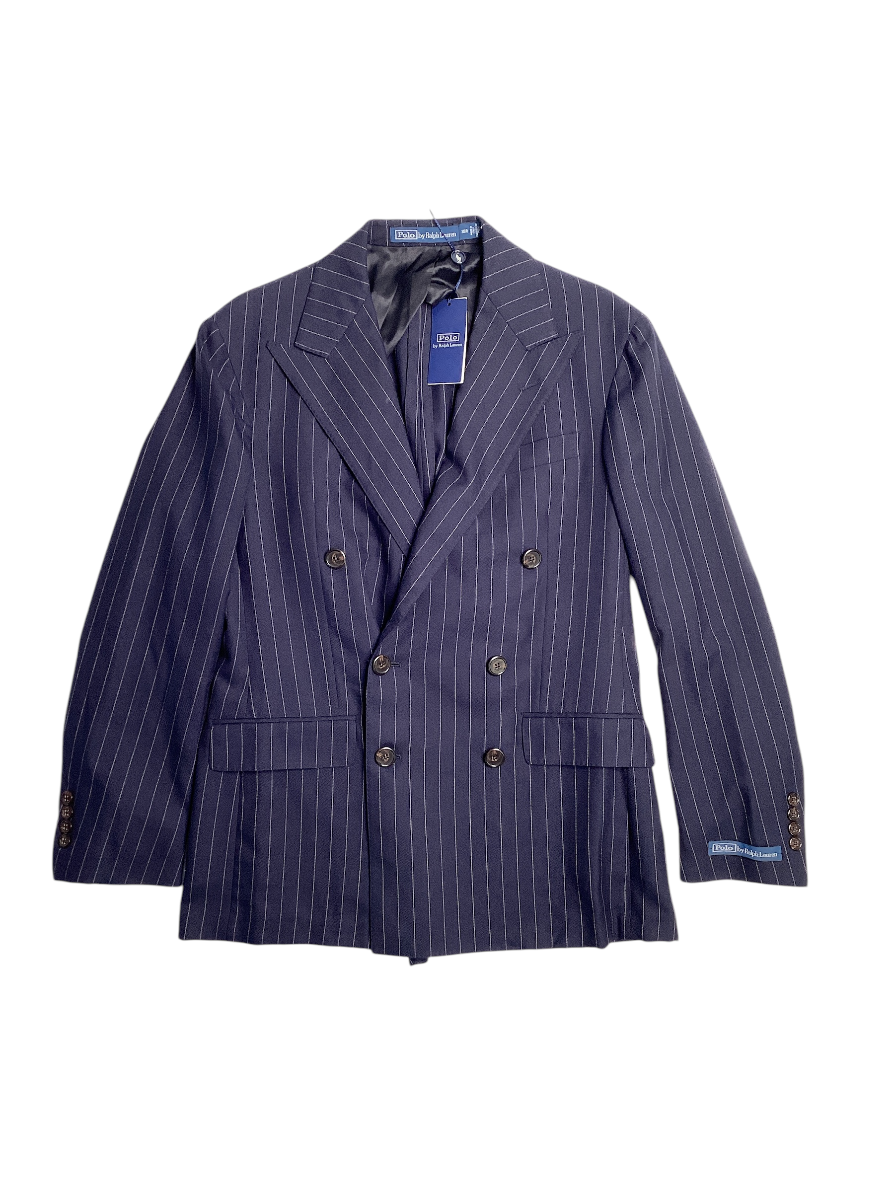 Polo Ralph Lauren Mens Double Breasted 3 Vested Suit 38R / 32W Navy Blue Striped