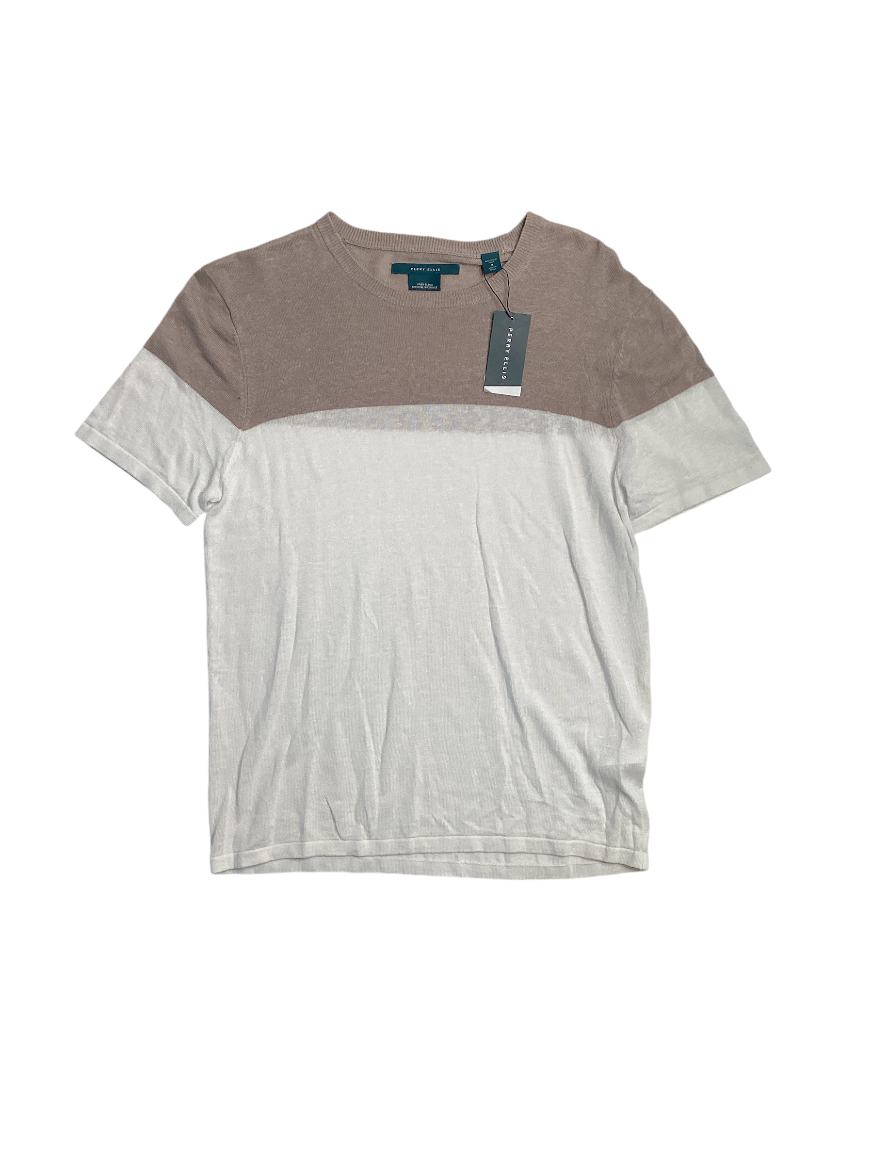 Perry Ellis Mens Short Sleeve Color Blocked T Shirt Brown White XXL