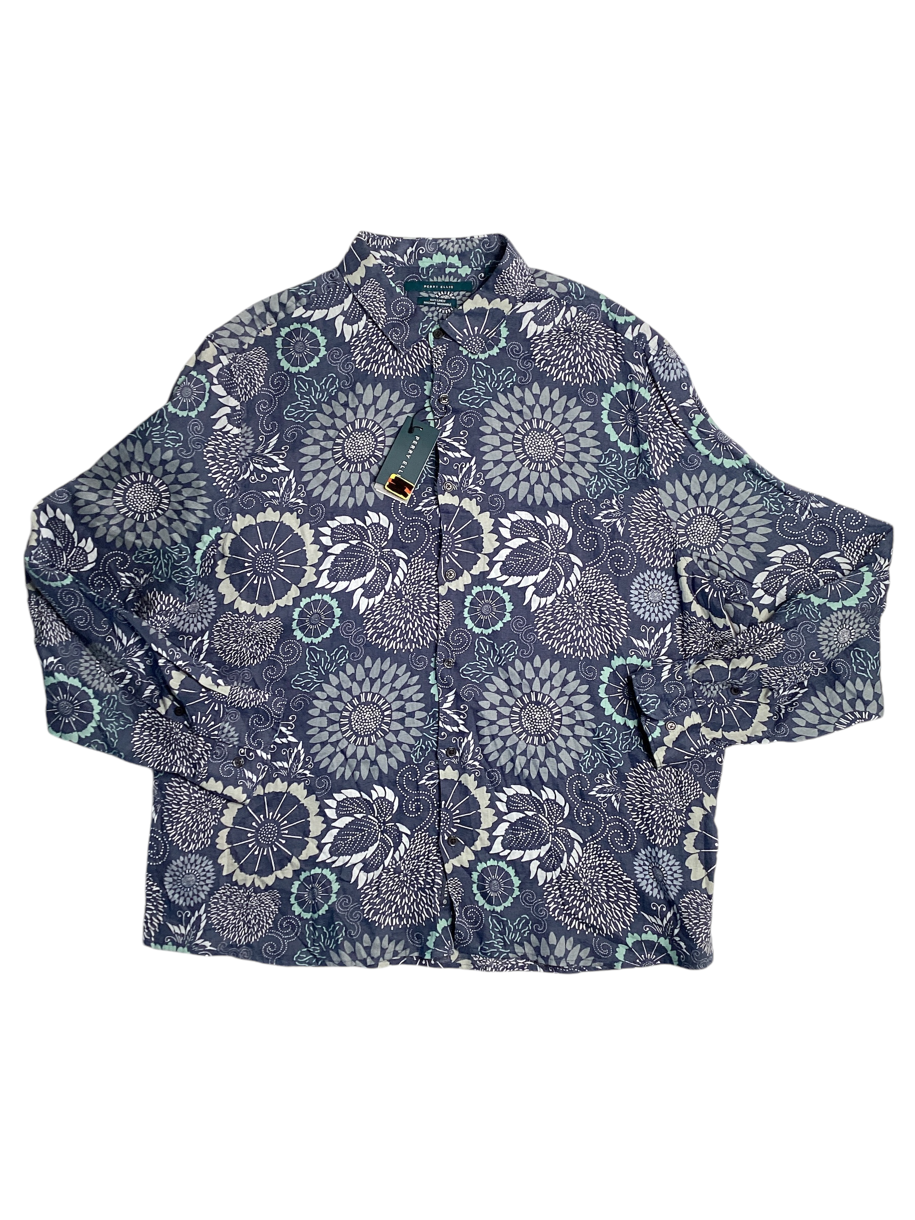 Perry Ellis Mens Blue Linen Button Down Shirt XXLarge