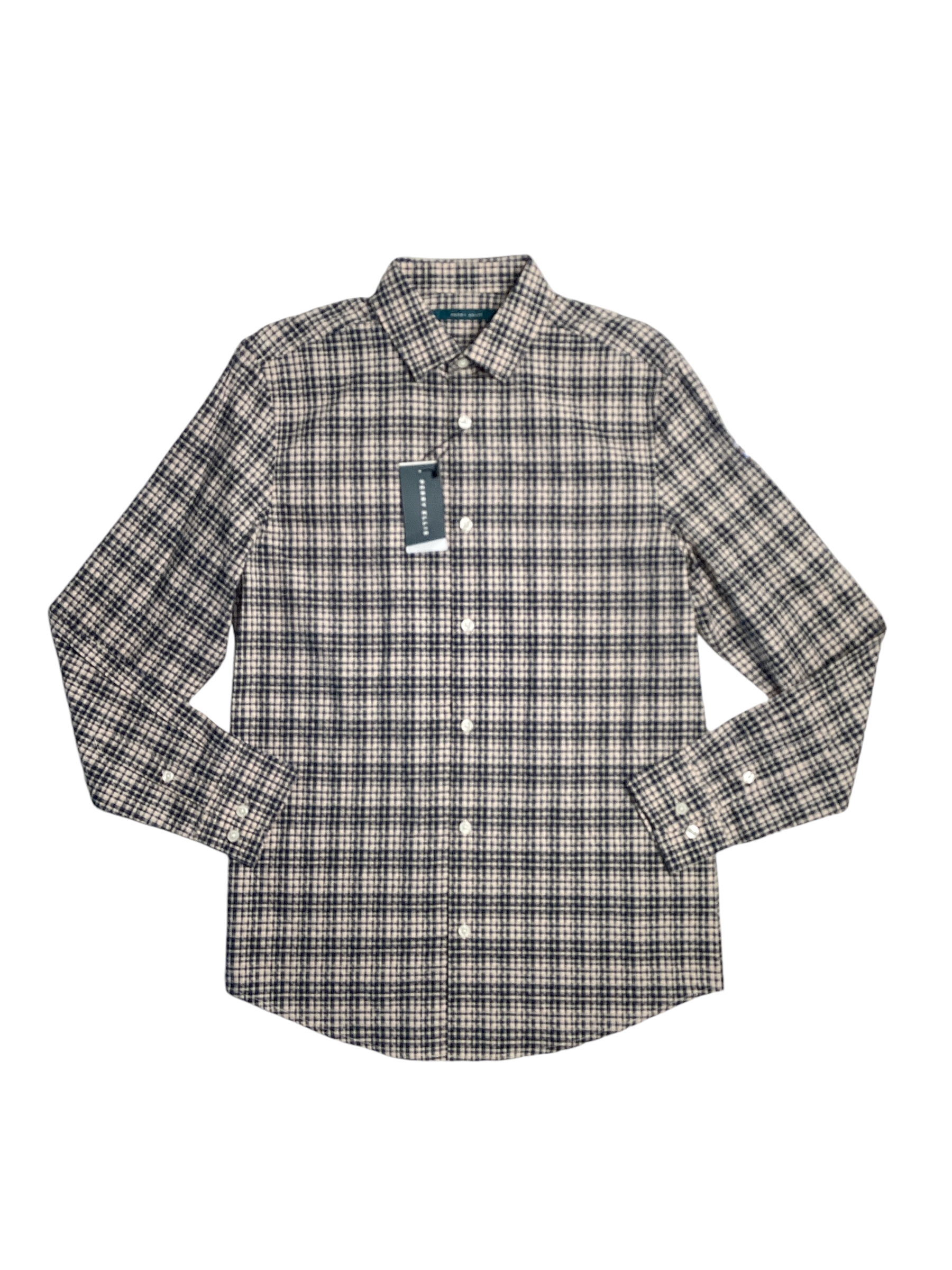 Perry Ellis Men's Pixel Plaid Striped Button Down Shirt Abbey Ston Beige Large