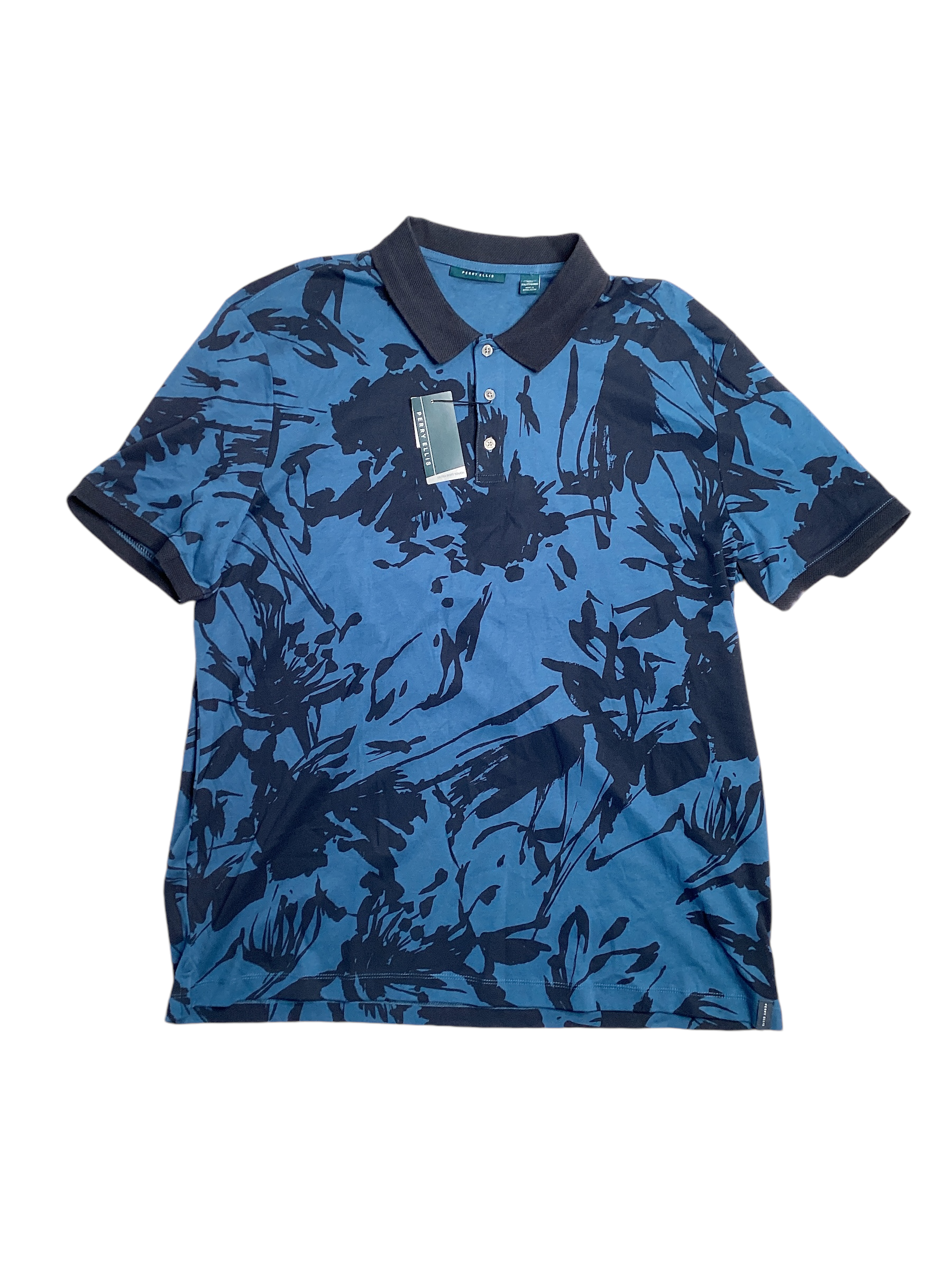 Perry Ellis Mens Abstract Print Short Sleeve Polo Shirt Dark Blue 2XL