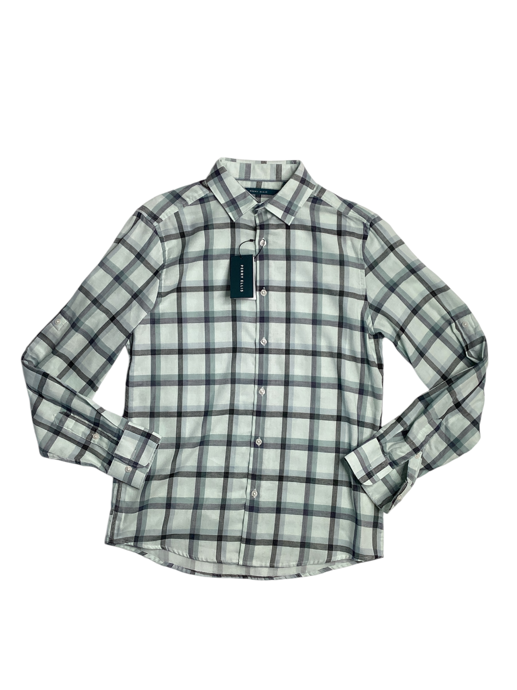 Perry Ellis Mens Plaid Button Down Shirt Green  Small