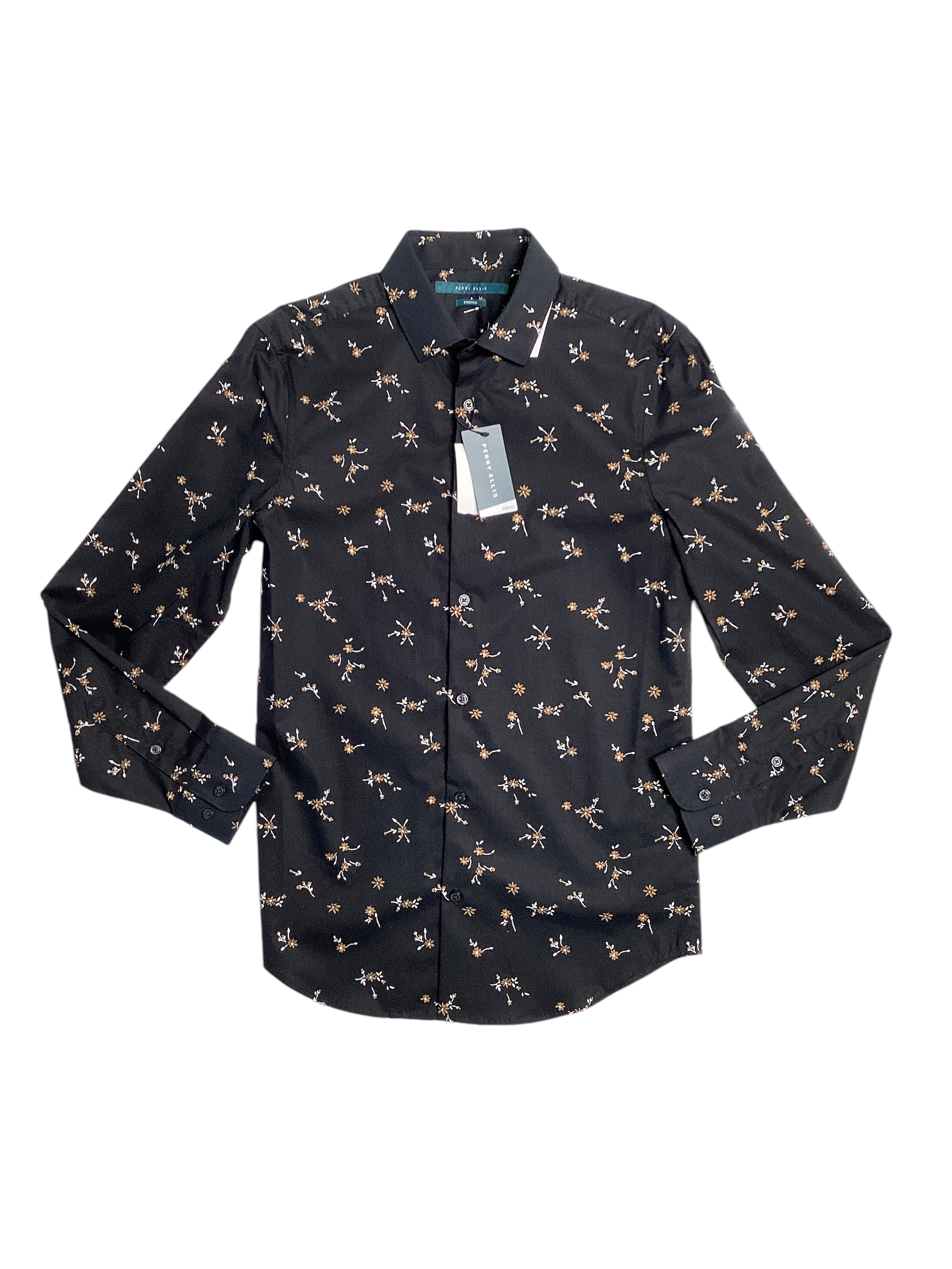 Perry Ellis Mens Ditsy Floral Print Button Down Shirt Black Small