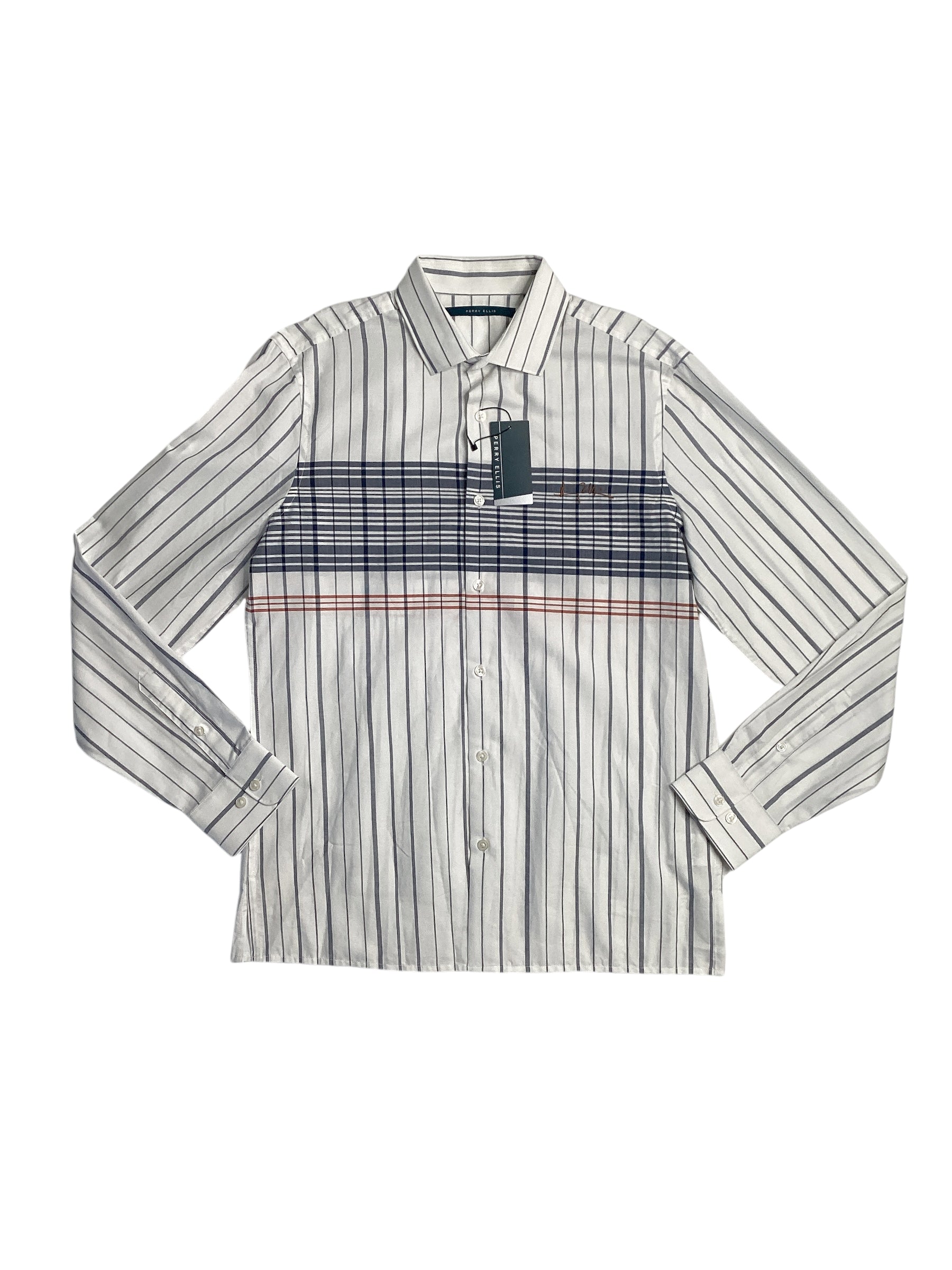 Perry Ellis Mens Slim fit Long Sleeve Button-Up Shirt XXL White Blue Striped
