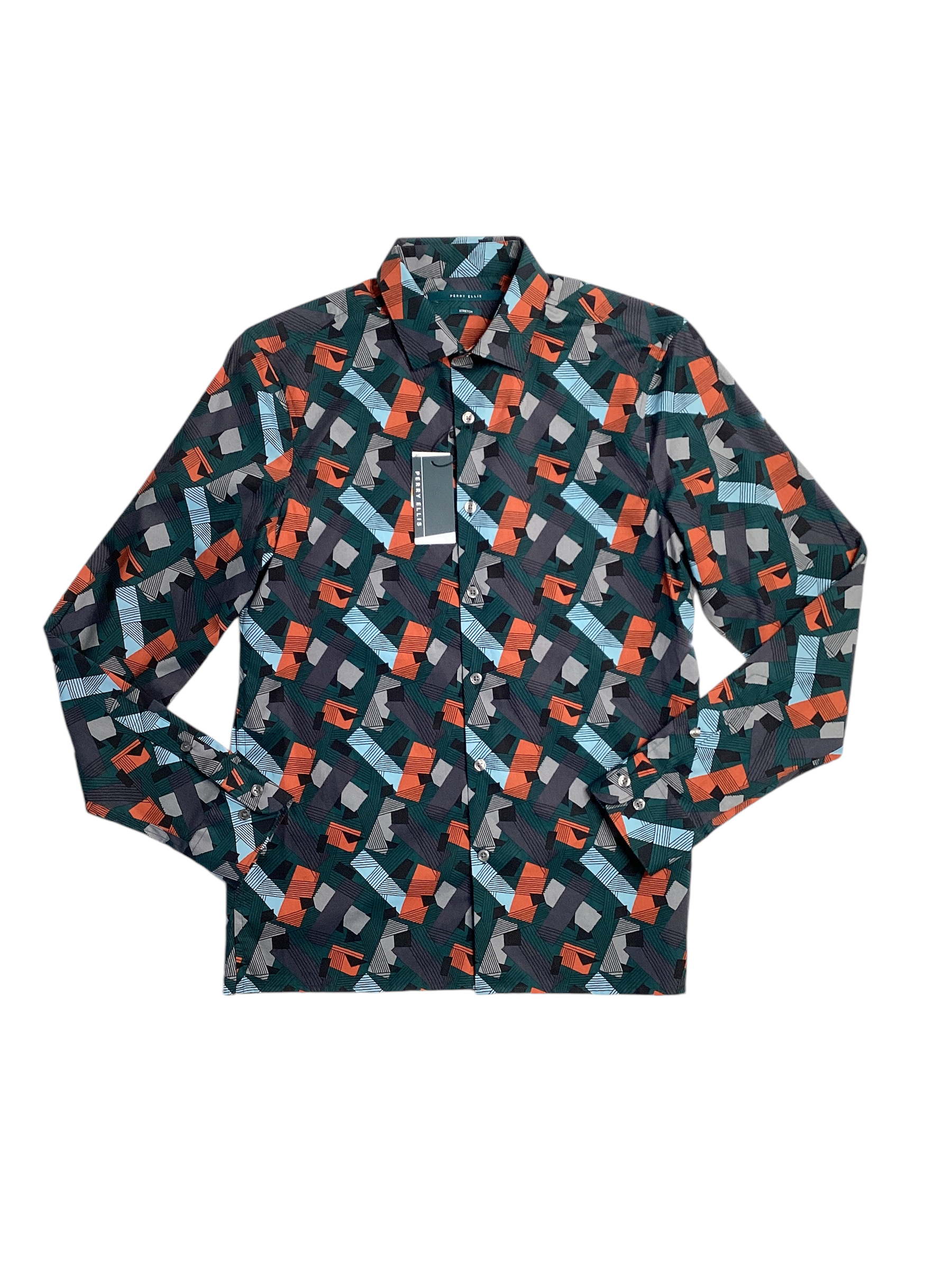 Perry Ellis Mens Graphic Print Button Down Shirt Blue XL