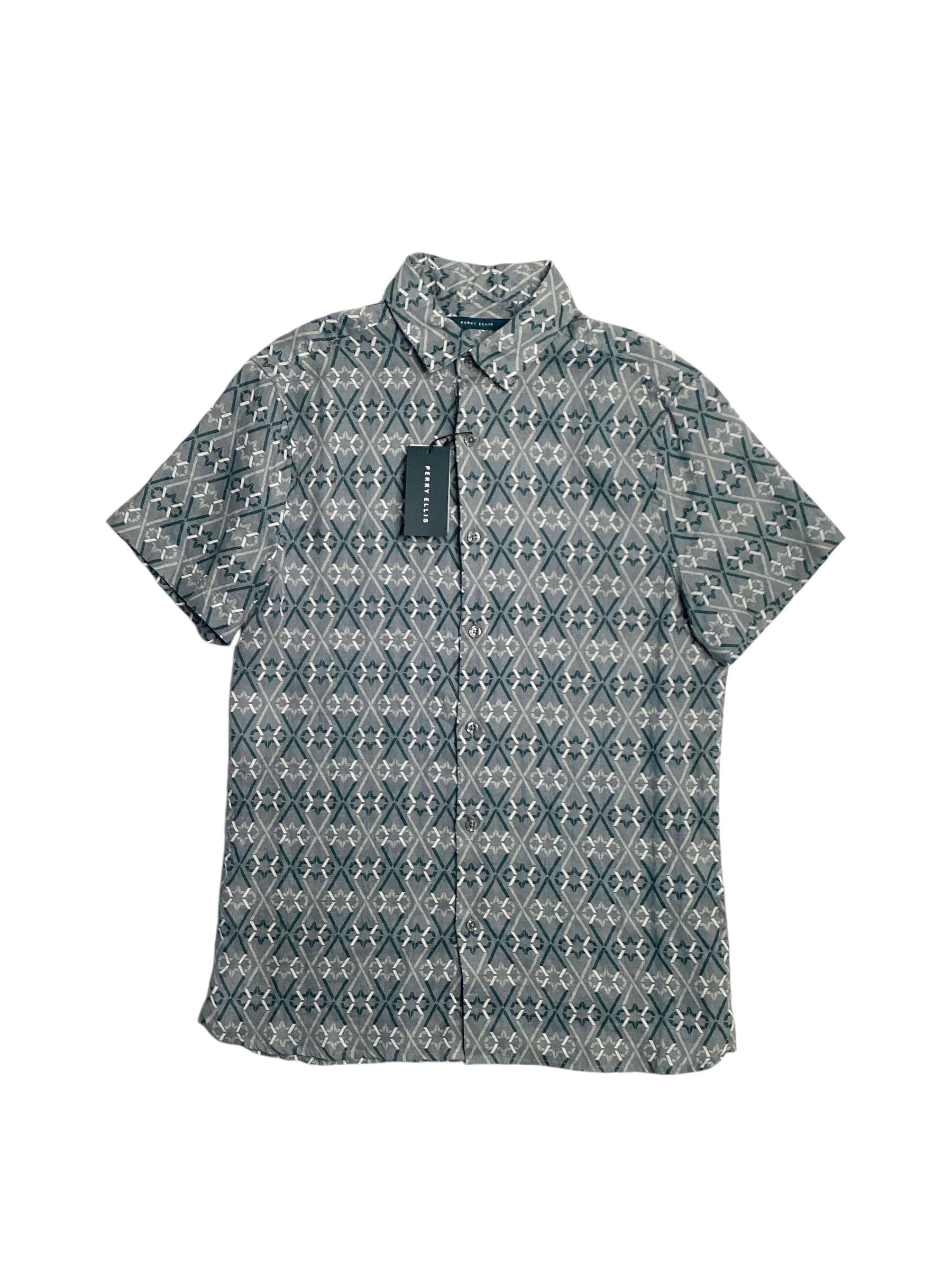 Perry Ellis Grey Multi Patterned Mens Button Down Shirt Linen Grey Small