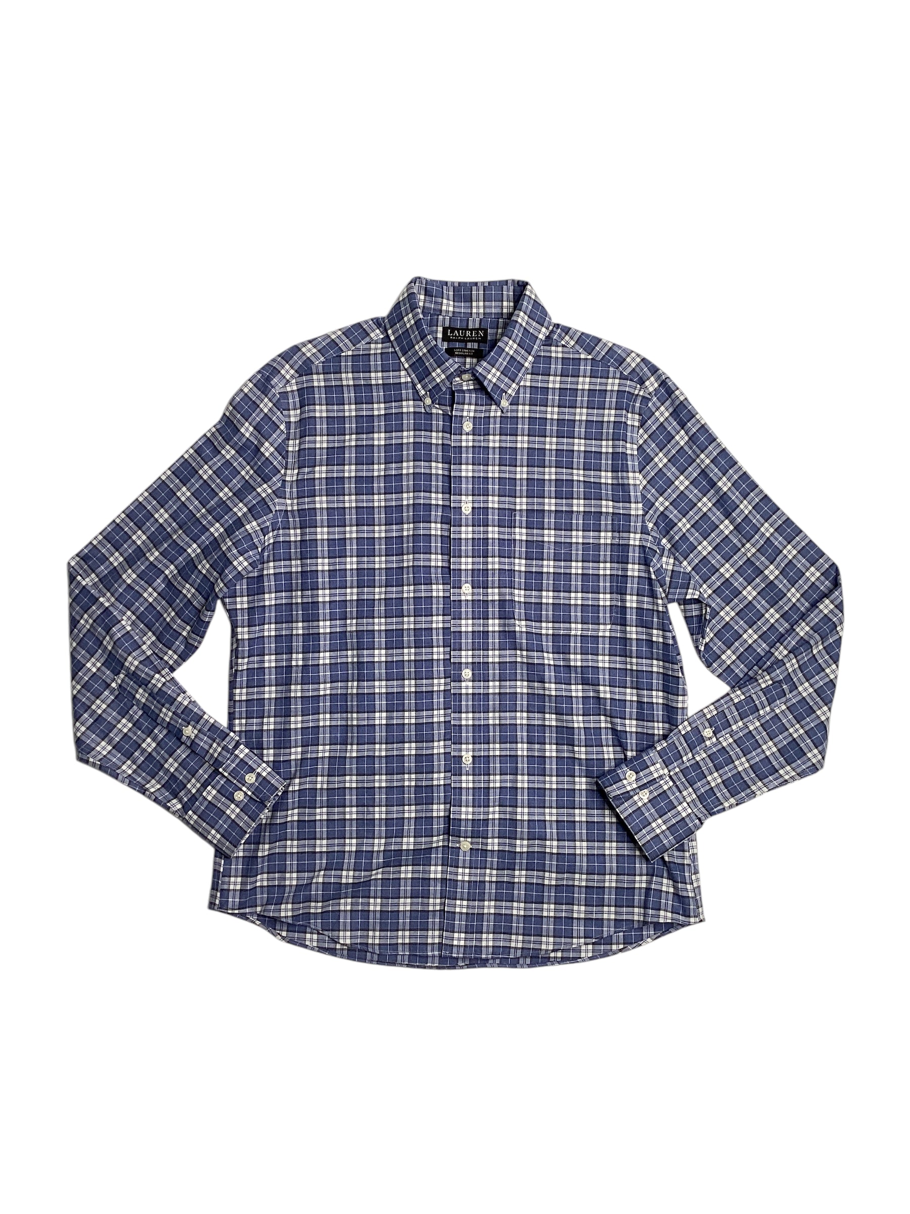 Lauren Ralph Lauren Mens Soft Stretch Button Dress Shirt Medium Blue Plaid