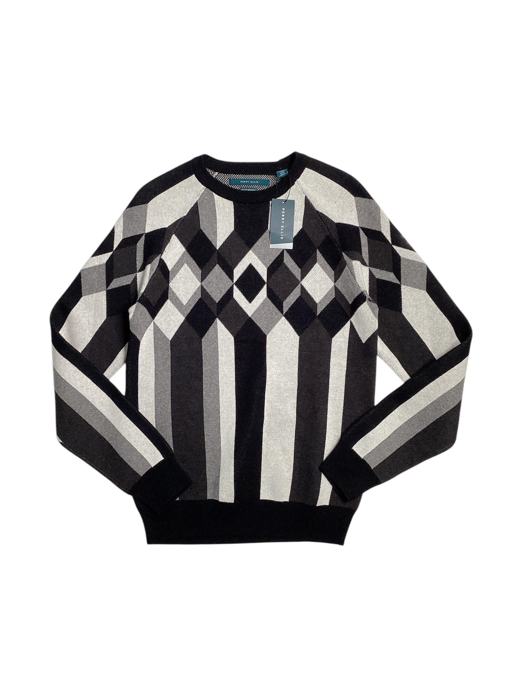 Perry Ellis Mens Color Block V Neck Sweater Black White Small