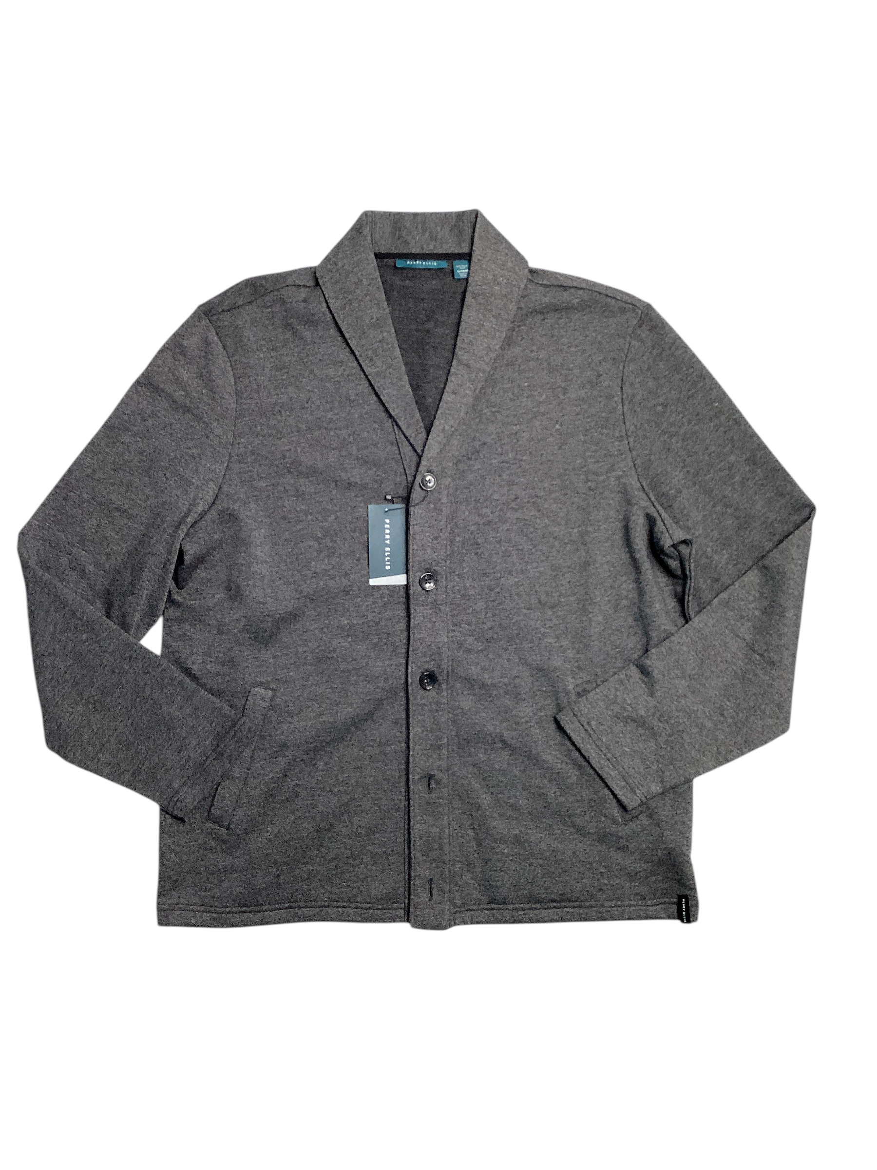 Perry Ellis Mens V Neck Button Down Knitted Cardigan Sweater Grey XL