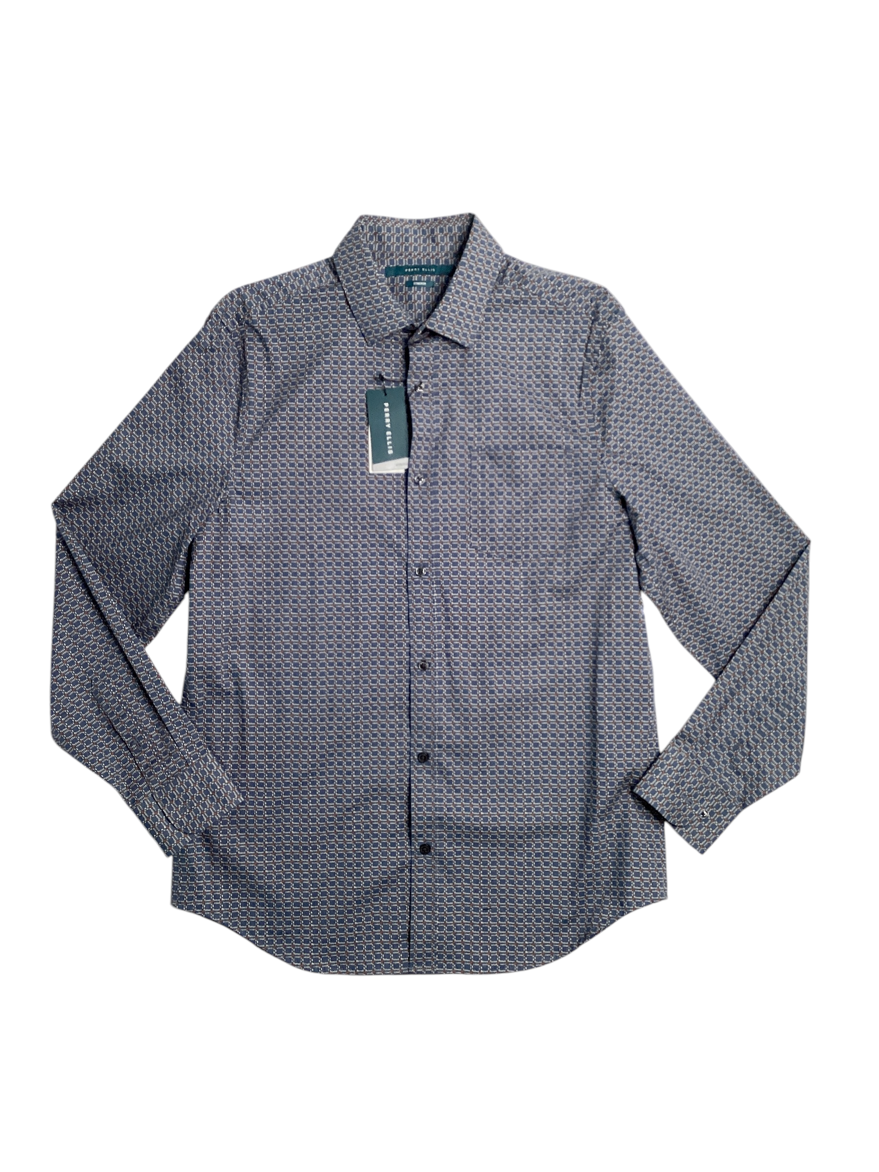 Perry Ellis Men's Micro Chain Pattern Button Down Shirt Dark Denim Blue 2XL