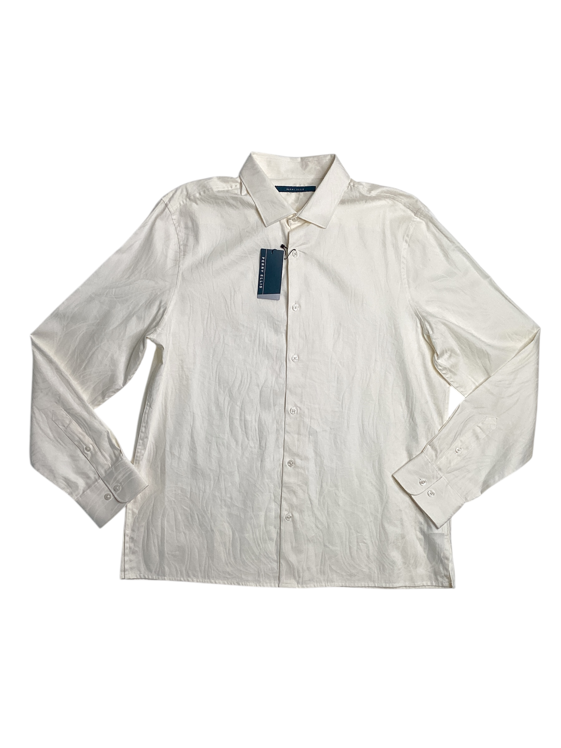 Perry Ellis Mens Jacquard Print Long Sleeve Button Down Woven Shirt White Large