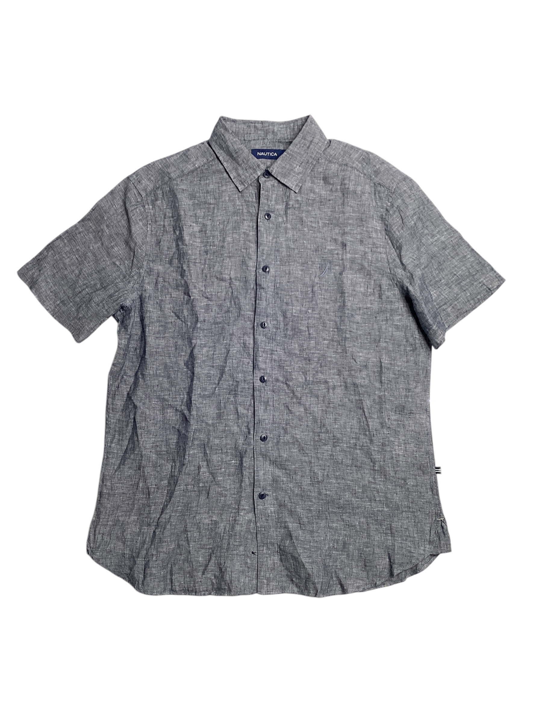 Nautica Men's Classic-Fit Solid Linen Short Sleeve Shirt Medium Navy Blue