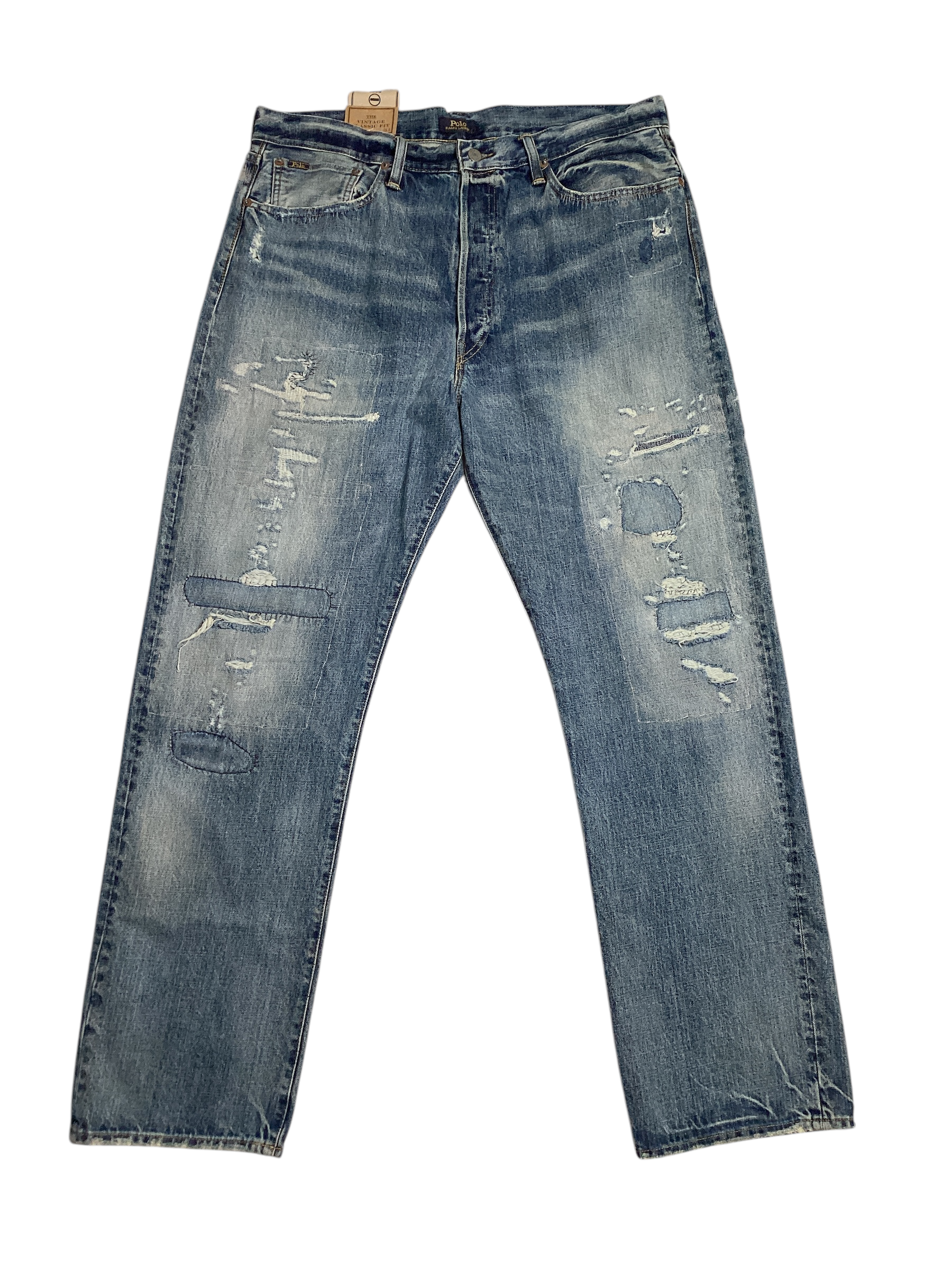 Polo Ralph Lauren Mens Distressed Ripped Straight Leg Jeans Blue 36 x 34