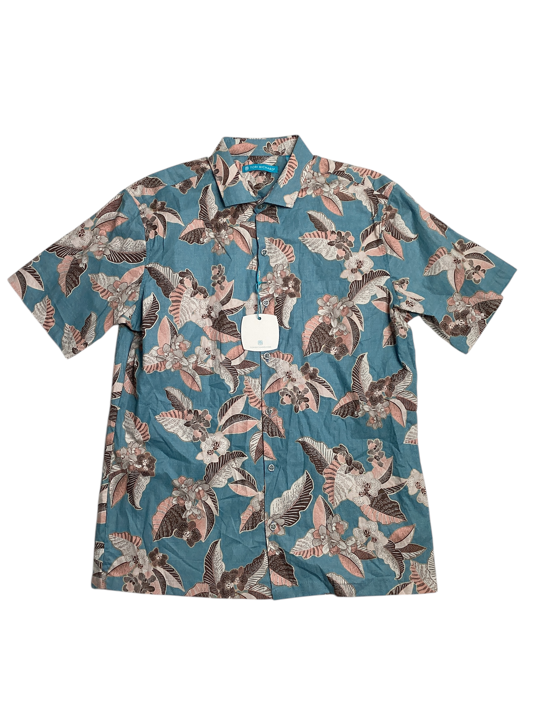 Tori Richard Mens Tropical Hawaiian Shirt Medium Blue Pink Cotton