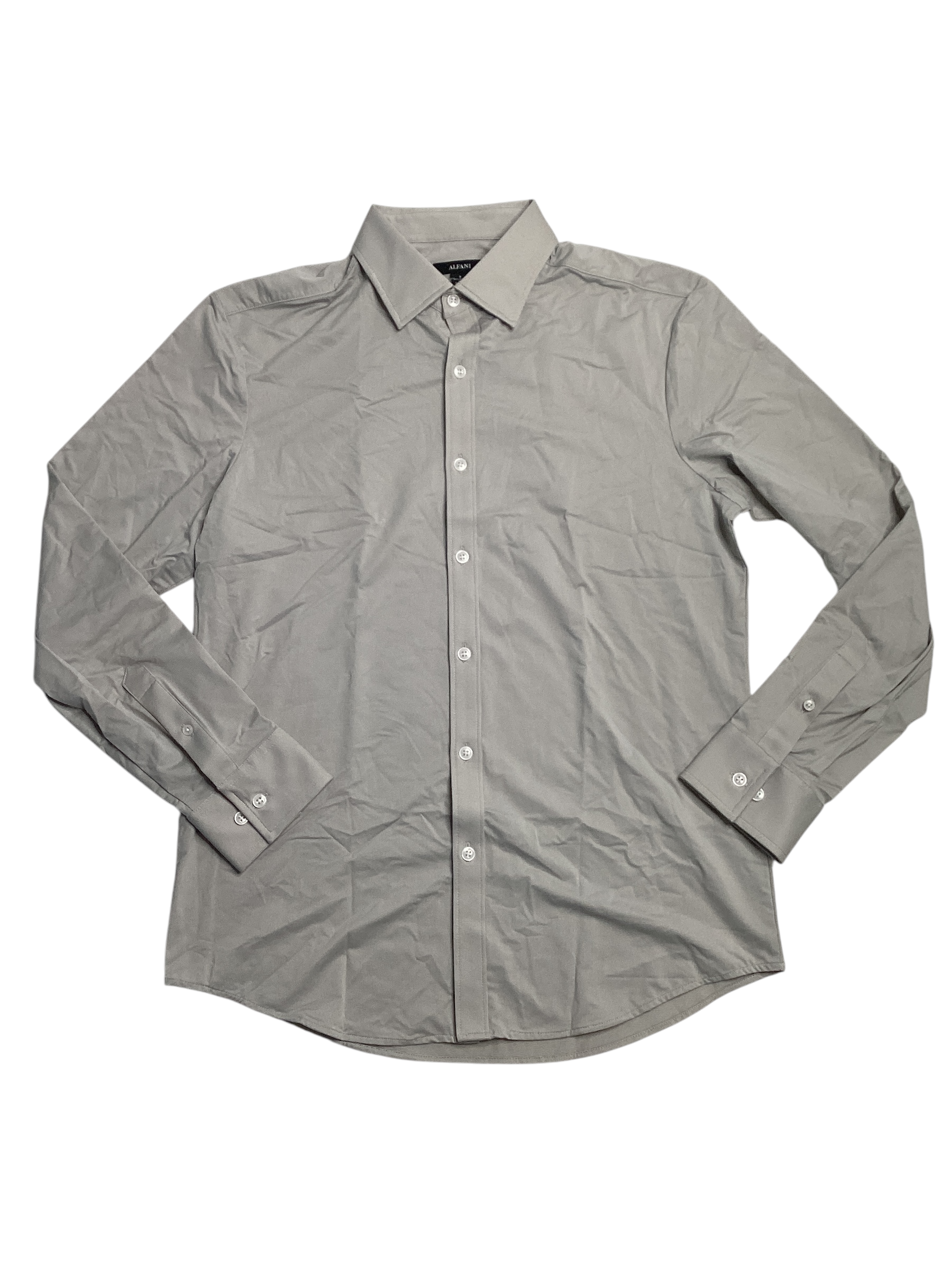 Alfani Mens Alfatech Yarn Dyed Long Sleeve Button Down Shirt Taupe Grey Small