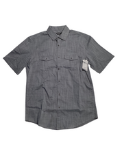Alfani Mens Textured Collared Short Sleeve Button Down Shirt Blue Small