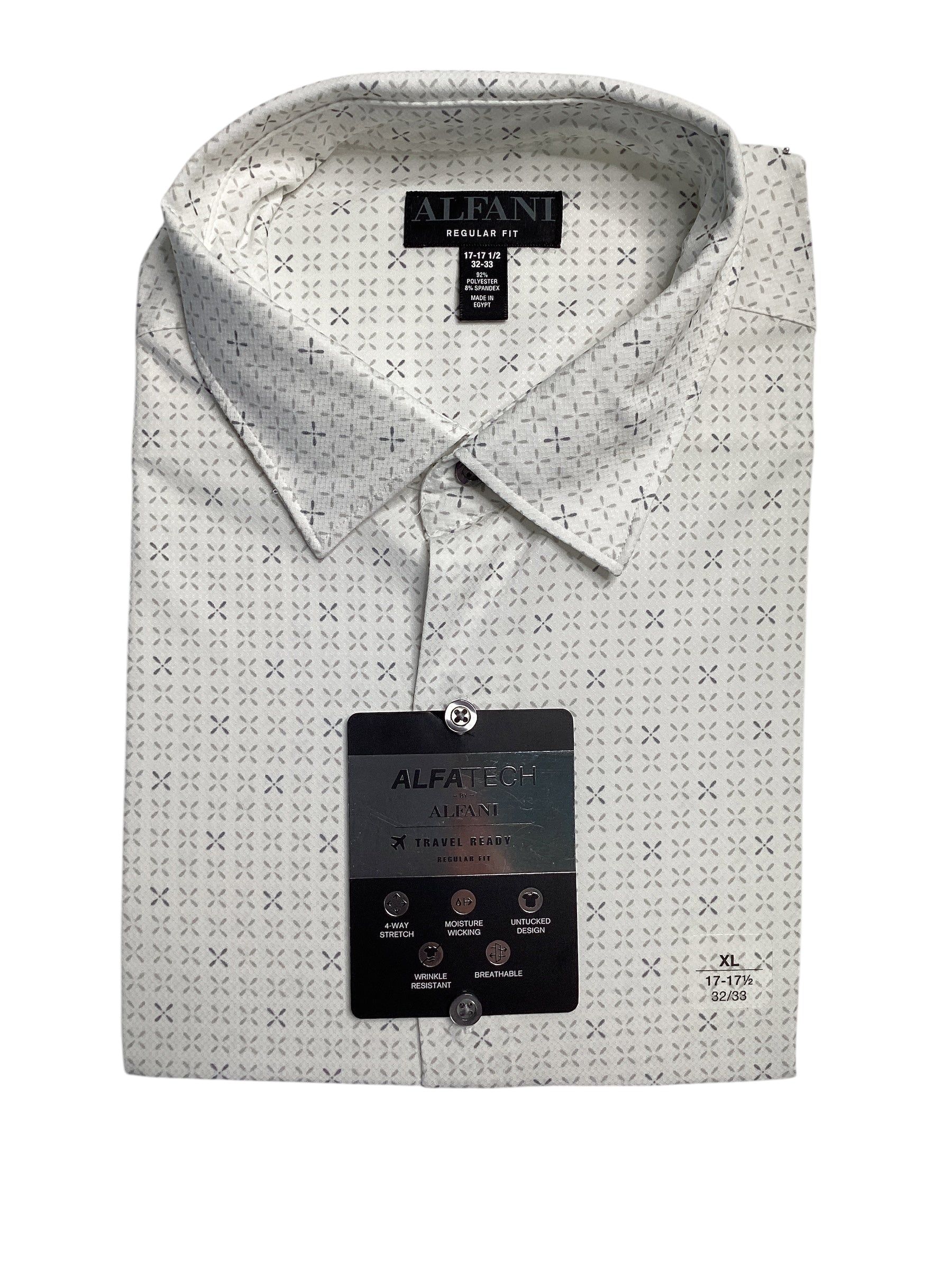 Alfani Men's Regular Fit Travel Geo Print Dress Shirt White Grey 17 17.5 36 37