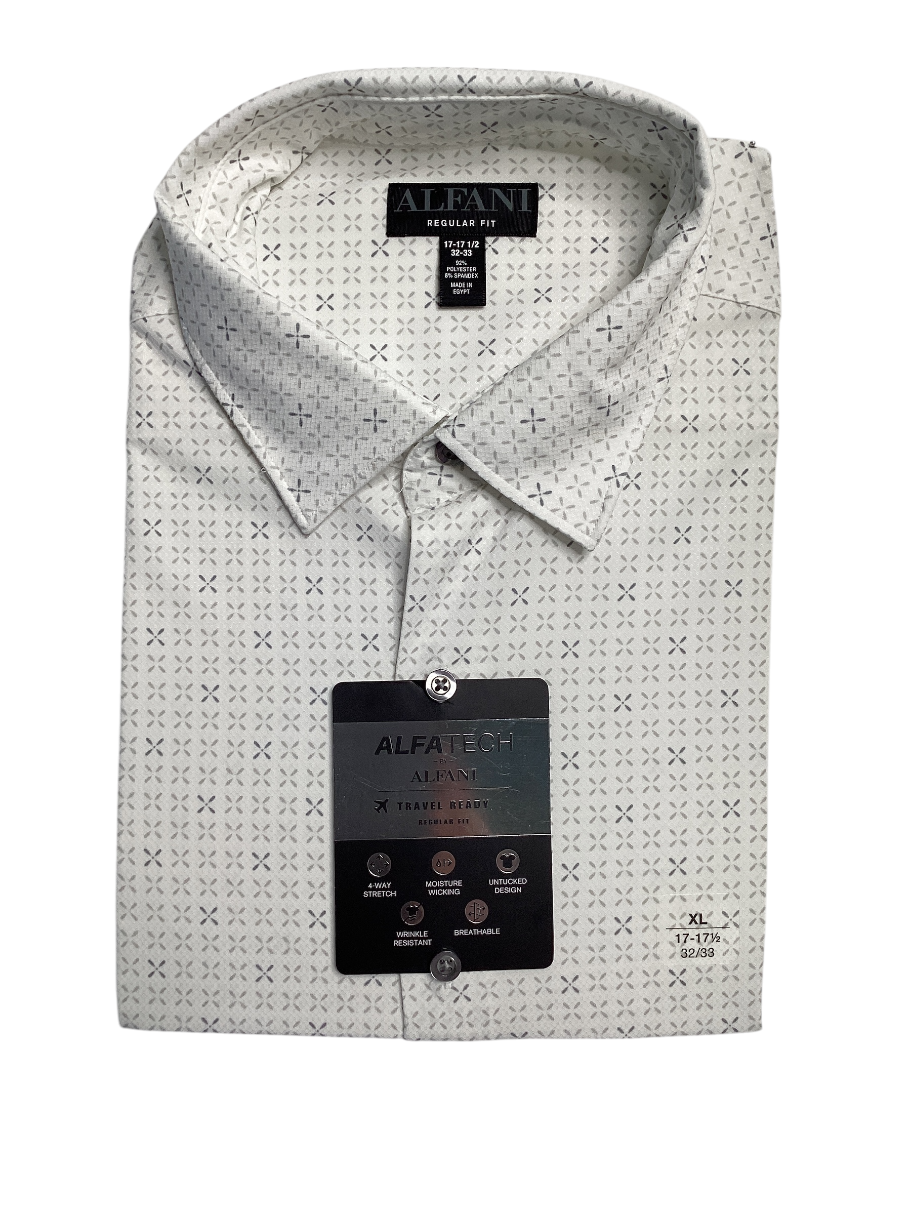 Alfani Men's Regular Fit Travel Ready Geo Dress Shirt White Grey 17 17.5 36 37