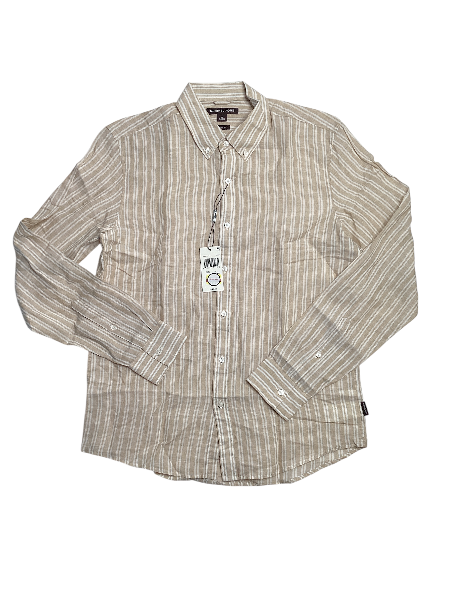 Michael Kors Men's Classic-Fit Halo Stripe Button Down Linen Shirt Beige Medium