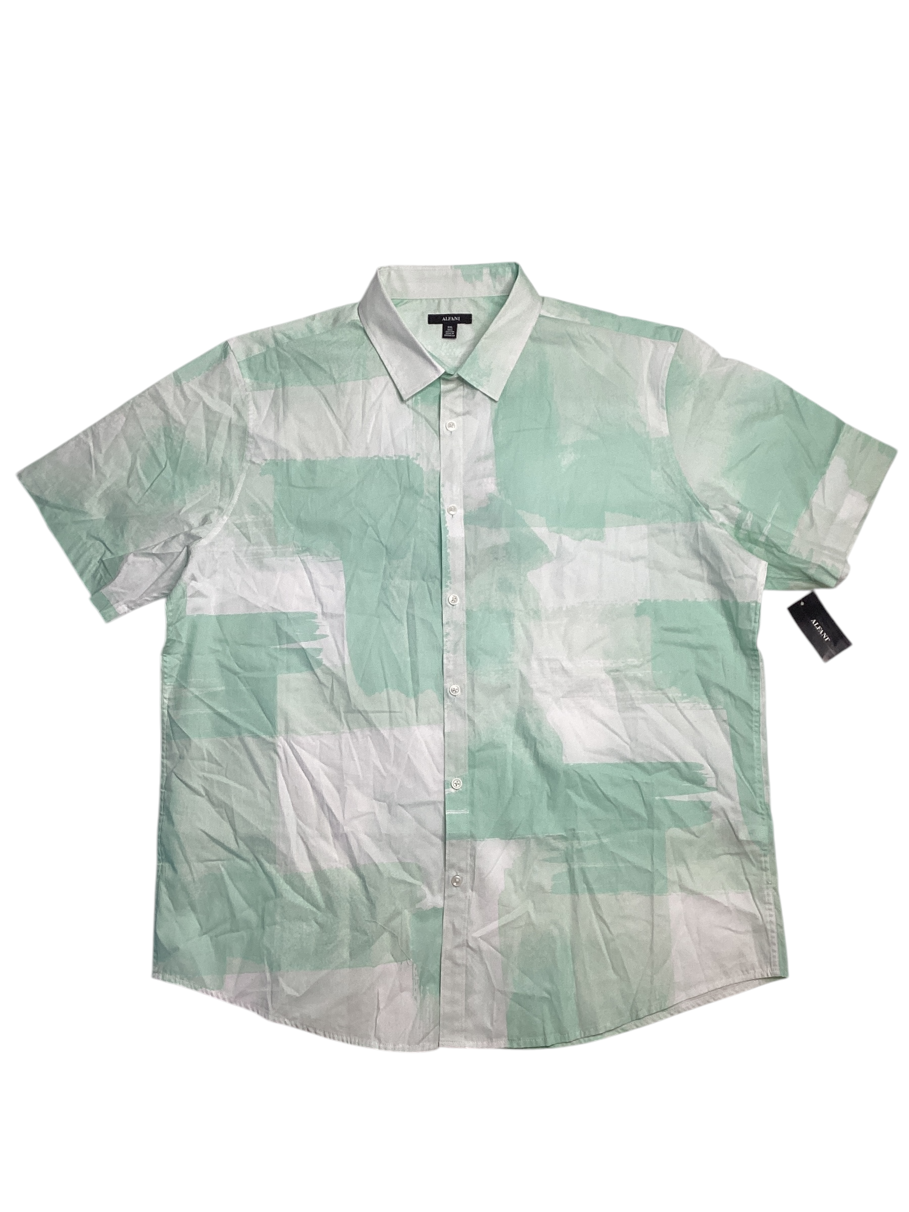 Alfani Painted Blocks Regular Fit Button Up Short Sleeve Shirt Green 2Xl 2XL