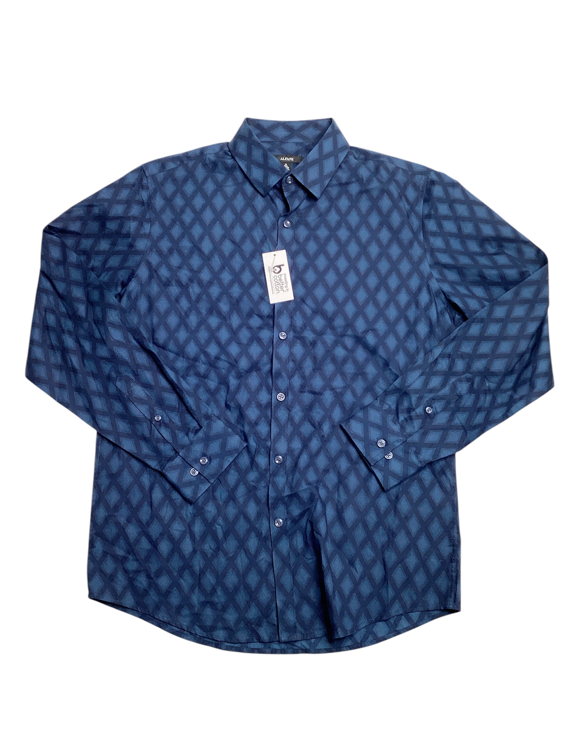 Alfani Men's Regular Fit Diamond Print Button Up Dress Shirt Blue Medium