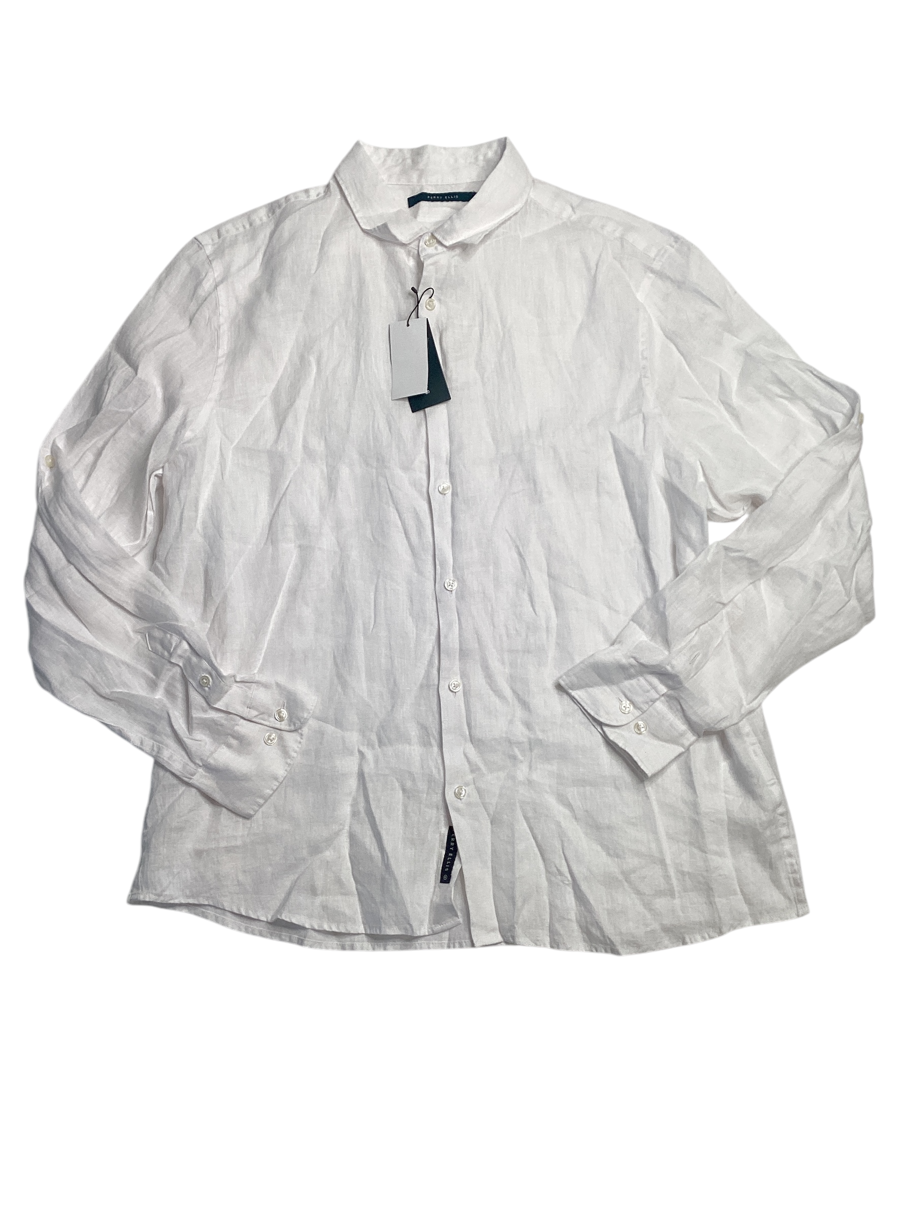 Perry Ellis Miend Linen Roll Sleeve Short Sleeve Shirt Button Up Shirt White XL