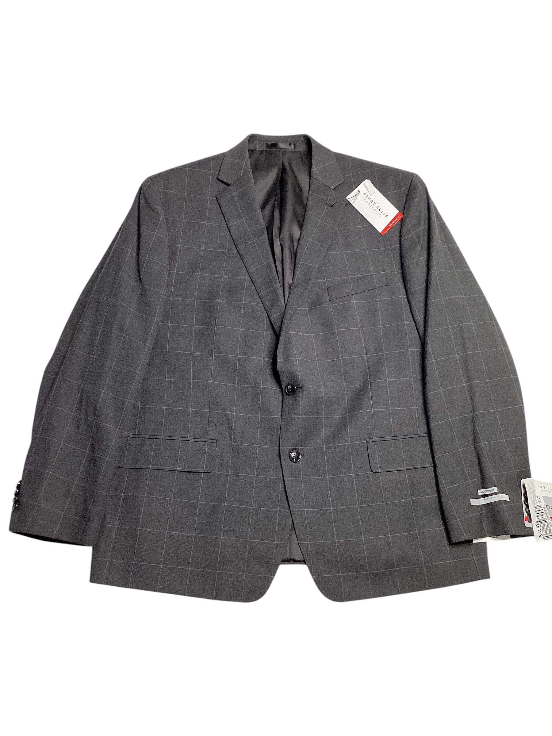 Perry Ellis Mens Modern fit 2 Piece Suit 40 L / 33 Waist Grey Windiwpane Stretch