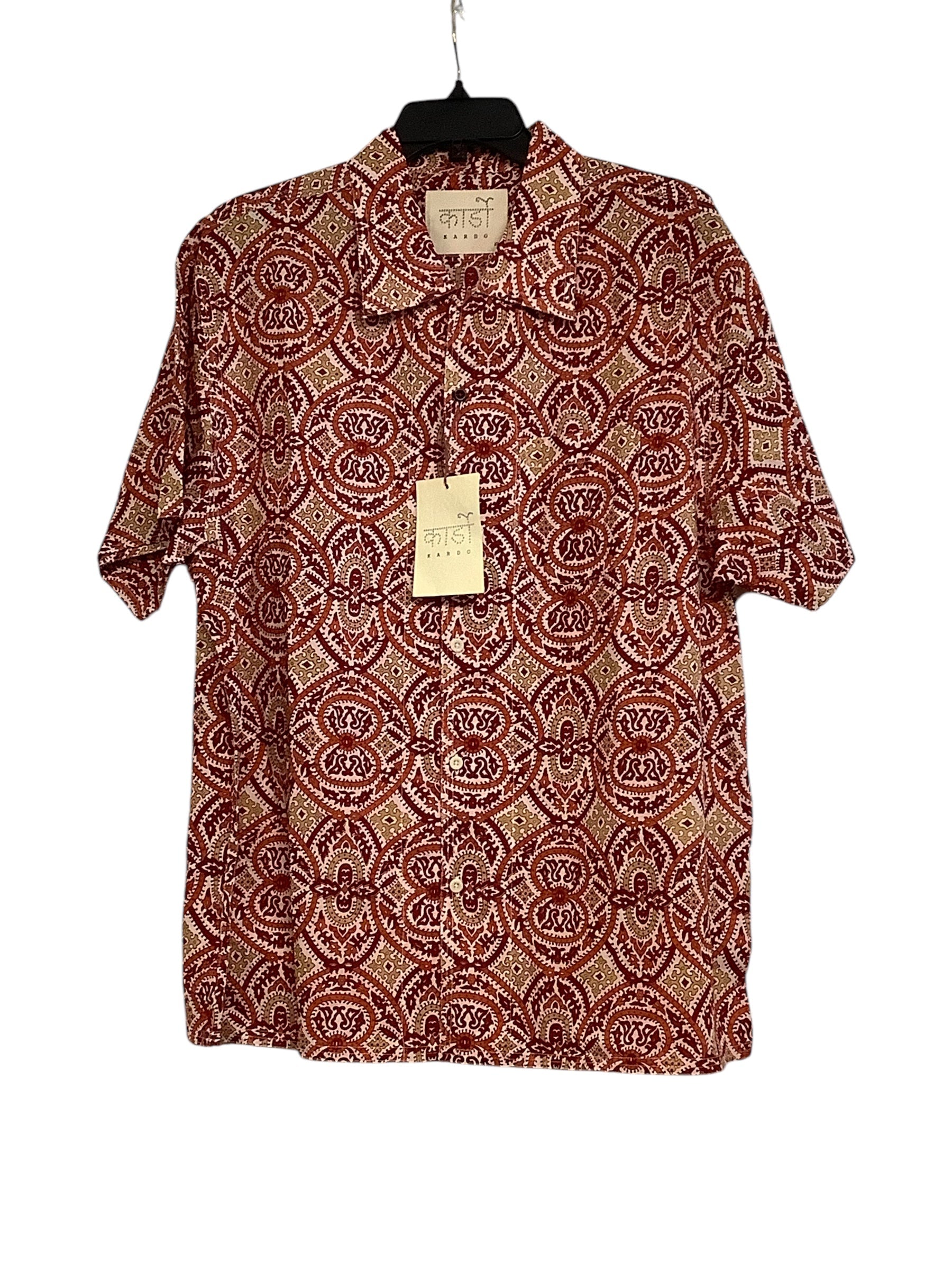 Kardo Mens Chintan Cotton Short Sleeve Button Shirt Large Orange