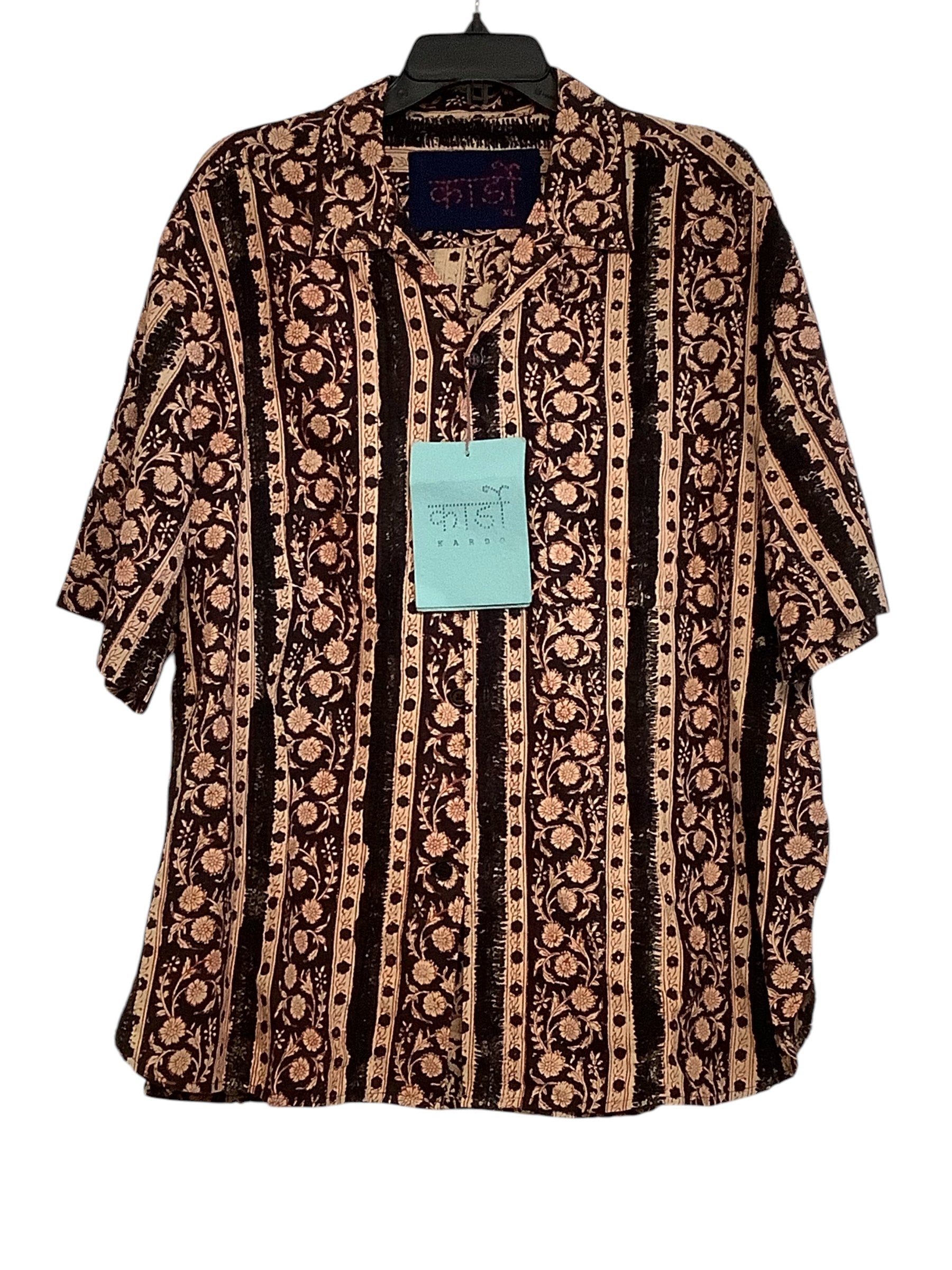 Kardo Mens Ronen Black Brown Crochet Short Sleeve Button Down Shirt XXL Cotton