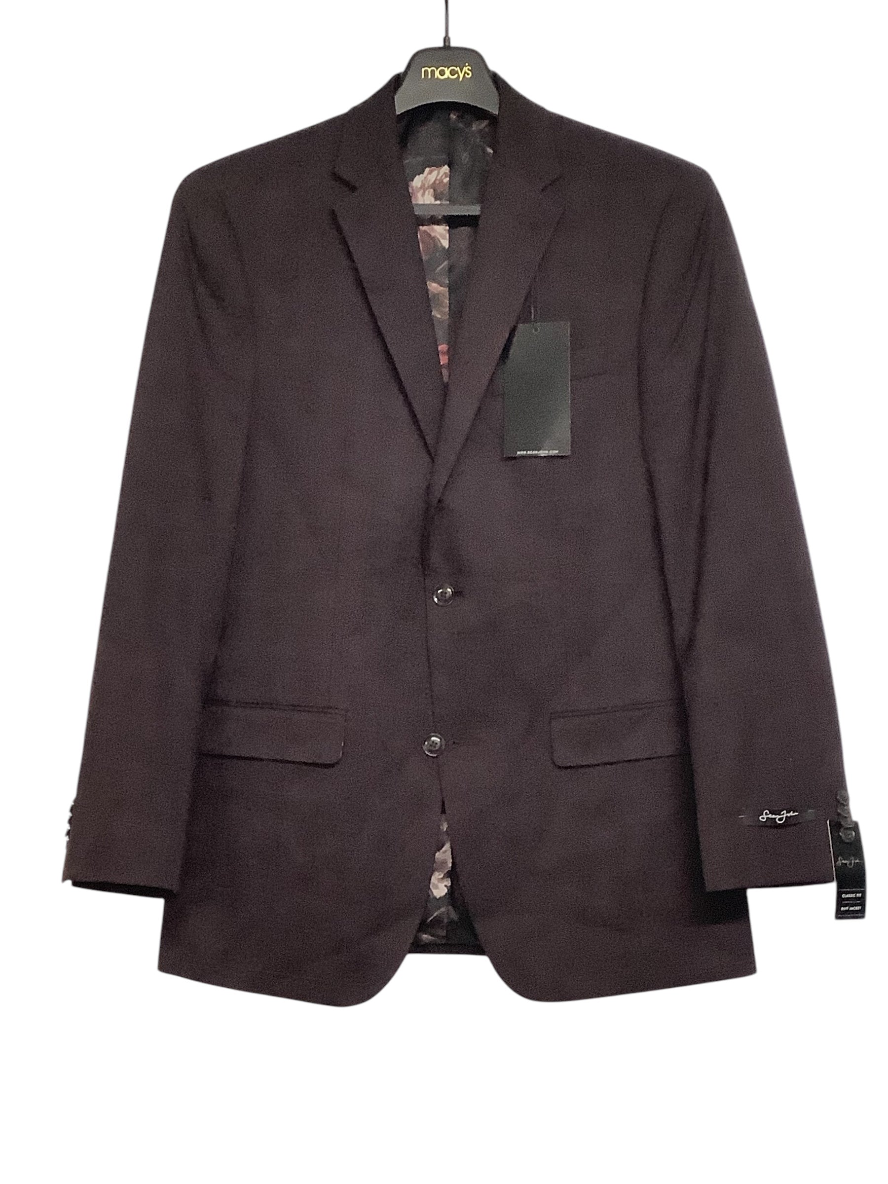 Sean John Mens Regular Fit Sport Coat Blazer 40L Wine Burgundy Plaid