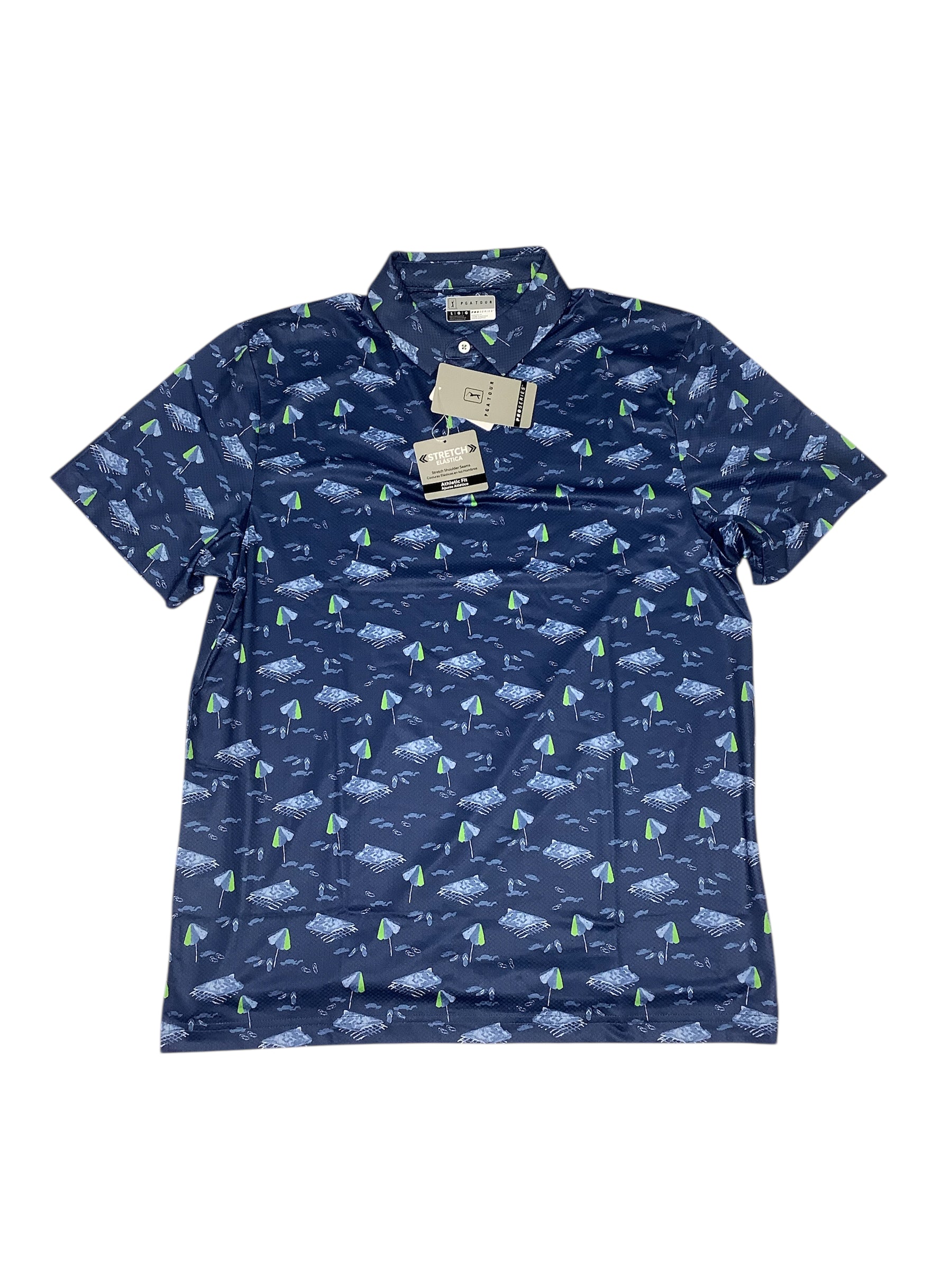 PGA TOUR Mens Regular fit Short Sleeve Polo Shirt Medium Blue Beach Pattern