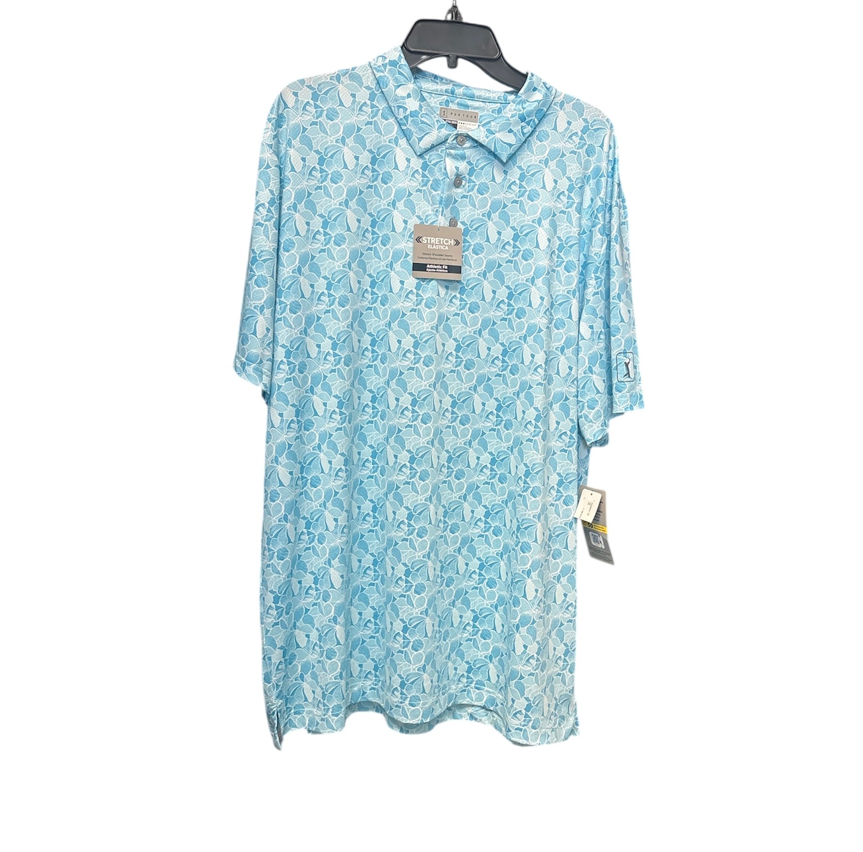 Pga Tour Mens Athletic fit Short Sleeve Polo Shirt Small Blue Floral Stretch