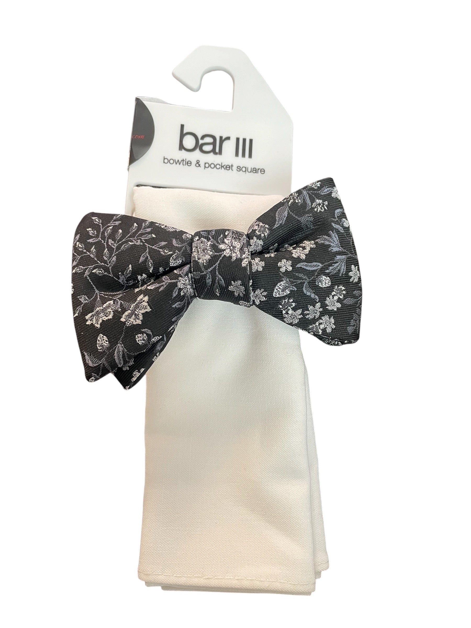 Bar Iii Mens Luray Floral  Bow Tie and Pocket Square One Size Black White Floral