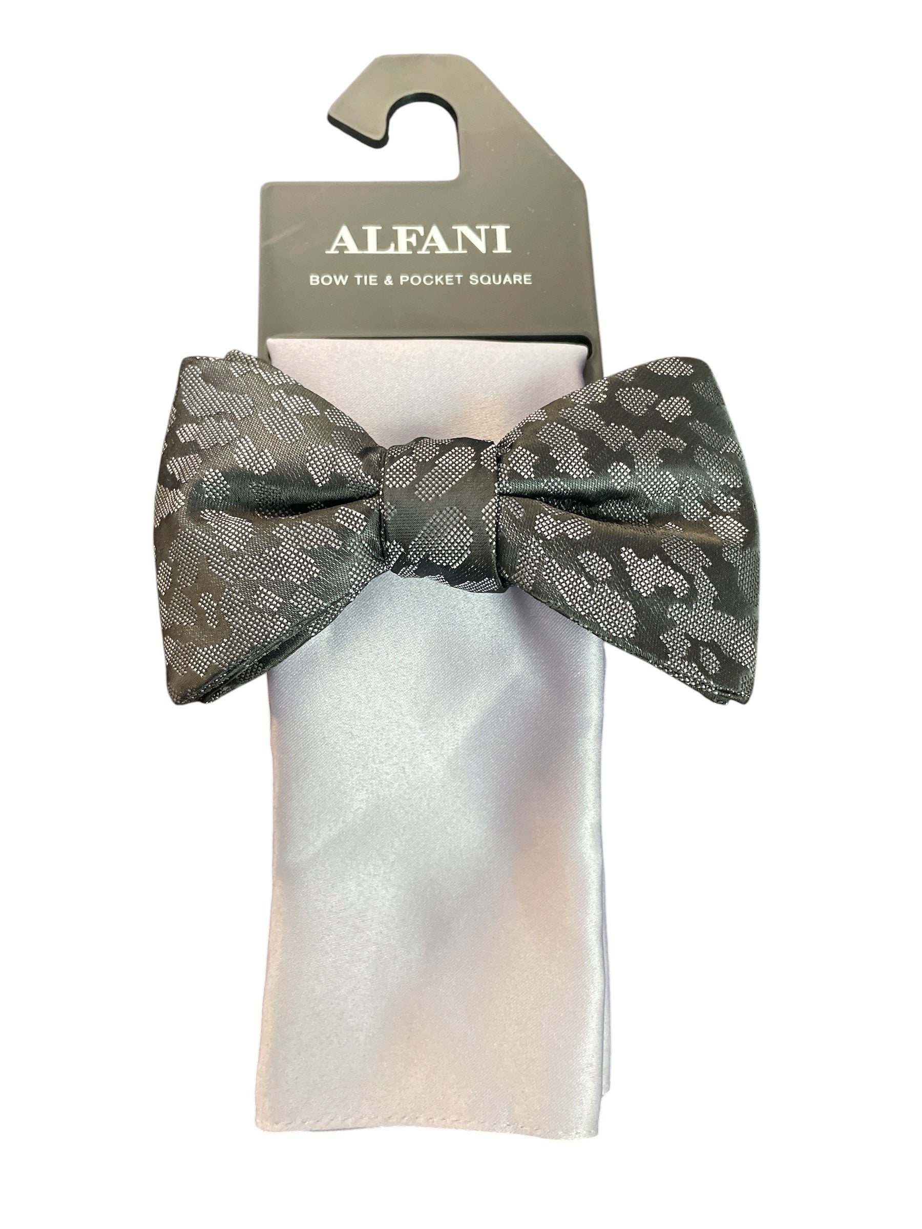 Alfani Men's Abstract Pattern Bow Tie & Solid Pocket Square Set Black Silver