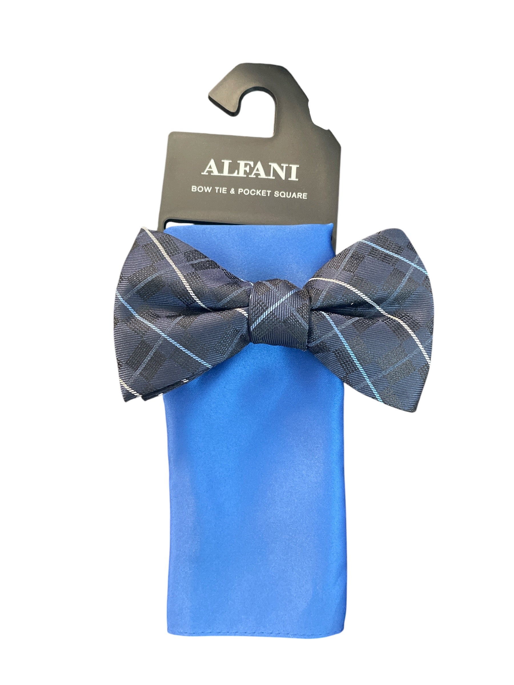 Alfani Men's Canfield Grid Bow Tie & Solid Pocket Square Set Navy Blue