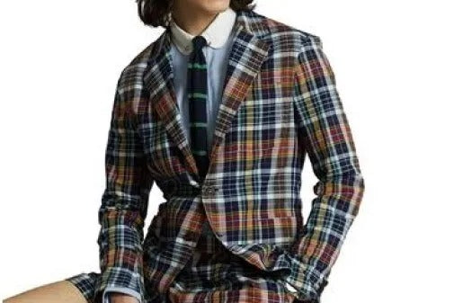 Ralph Lauren Unconstructed Madras Polo Sport Coat Blazer Small Plaid Navy Brown