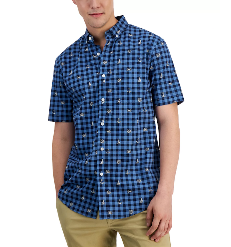 Club Room Mens Peter Classic Fit Maritime Print Check Button Down Poplin Shirt Blue Medium