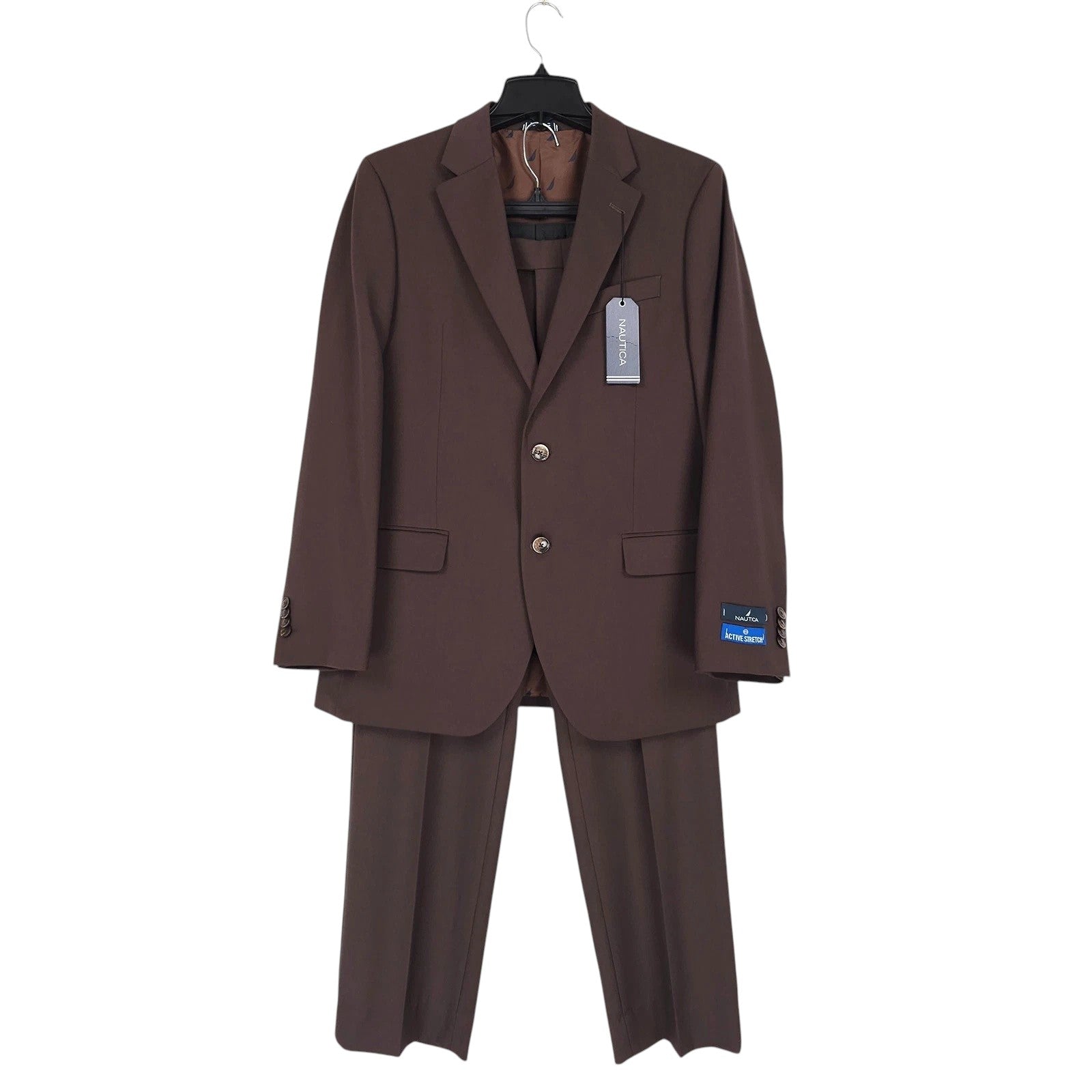Nautica Mens Modern Fit 2 Piece Suit 40 R / 34 Waist Brown Solid Stretch