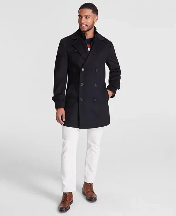 Michael Kors Mens Classic-Fit Wool Double Breasted Over Coat Black 38R