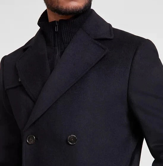 Michael Kors Mens Classic-Fit Wool Bib Double Breasted Overcoat Coat 46R Black