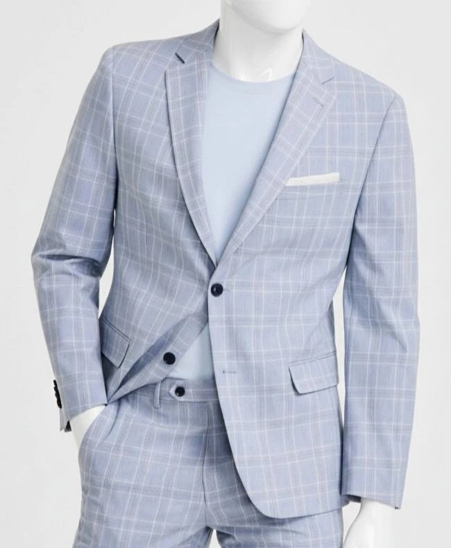 Alfani Mens Slim fit Suit Jacket Blazer 40 L Light Blue Plaid