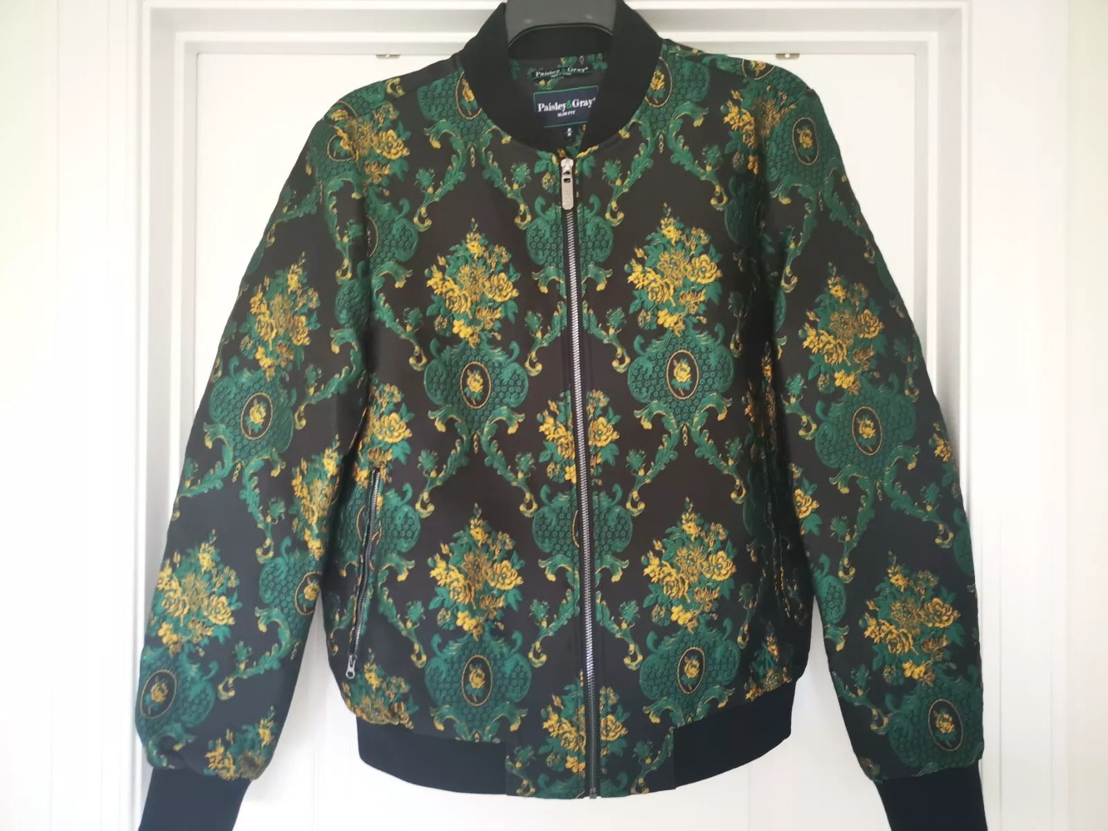 Paisley and Gray Mens Hyde Printed Bomber Jack Black Green Gold Small
