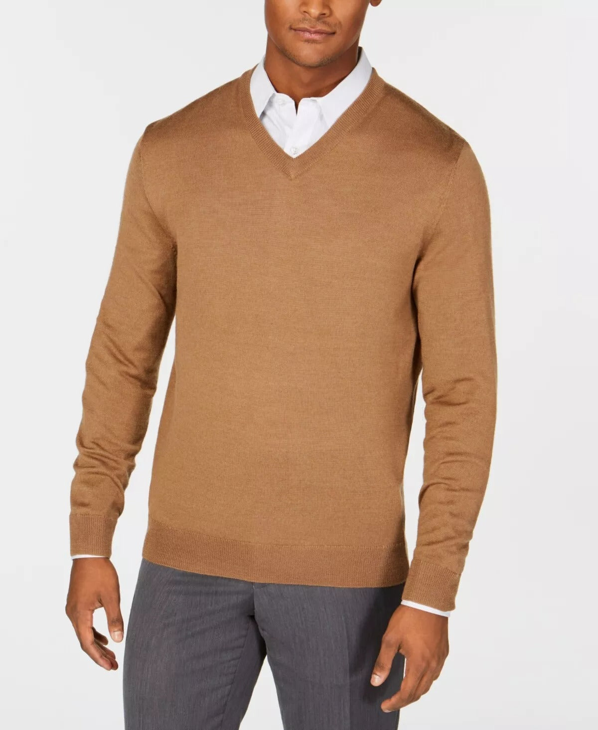 Club Room Men's V Neck Cashmere Sweater Khaki Brown Medium