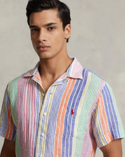 Polo Ralph Lauren Men's Classic Fit Striped Short Sleeve Camp Shirt Pink Medium