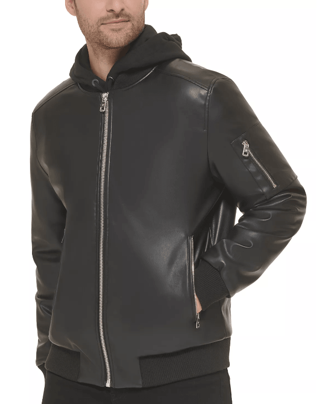 Calvin Klein Mens Faux Leather Bomber Jacket  Black XL
